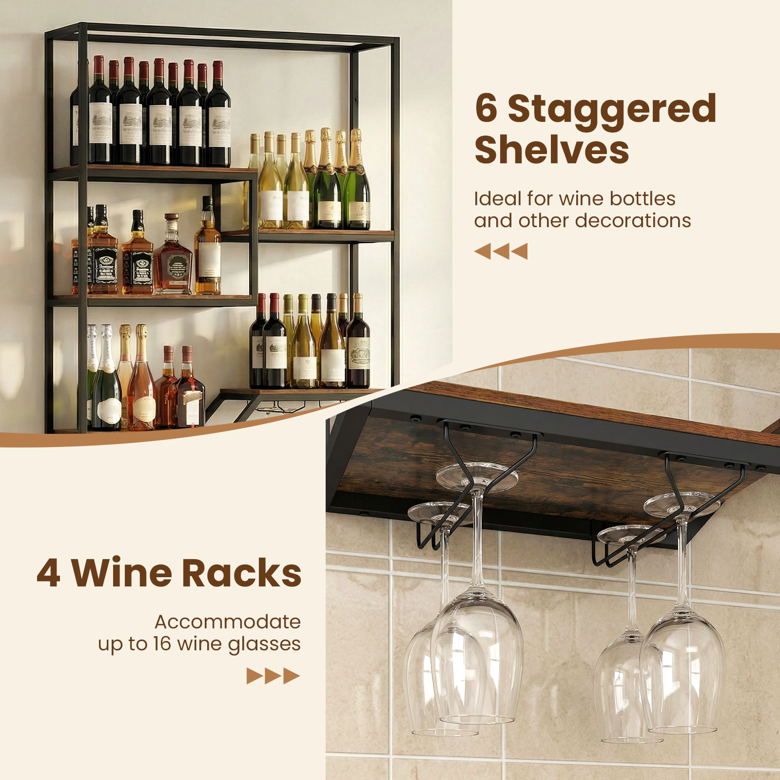 SUGIFT 6-Tier Wall Mounted Wine Rack Hanging Bar Shelf Bottle Display Shelf & Glass Holder 185-lb Total Capacity Rustic