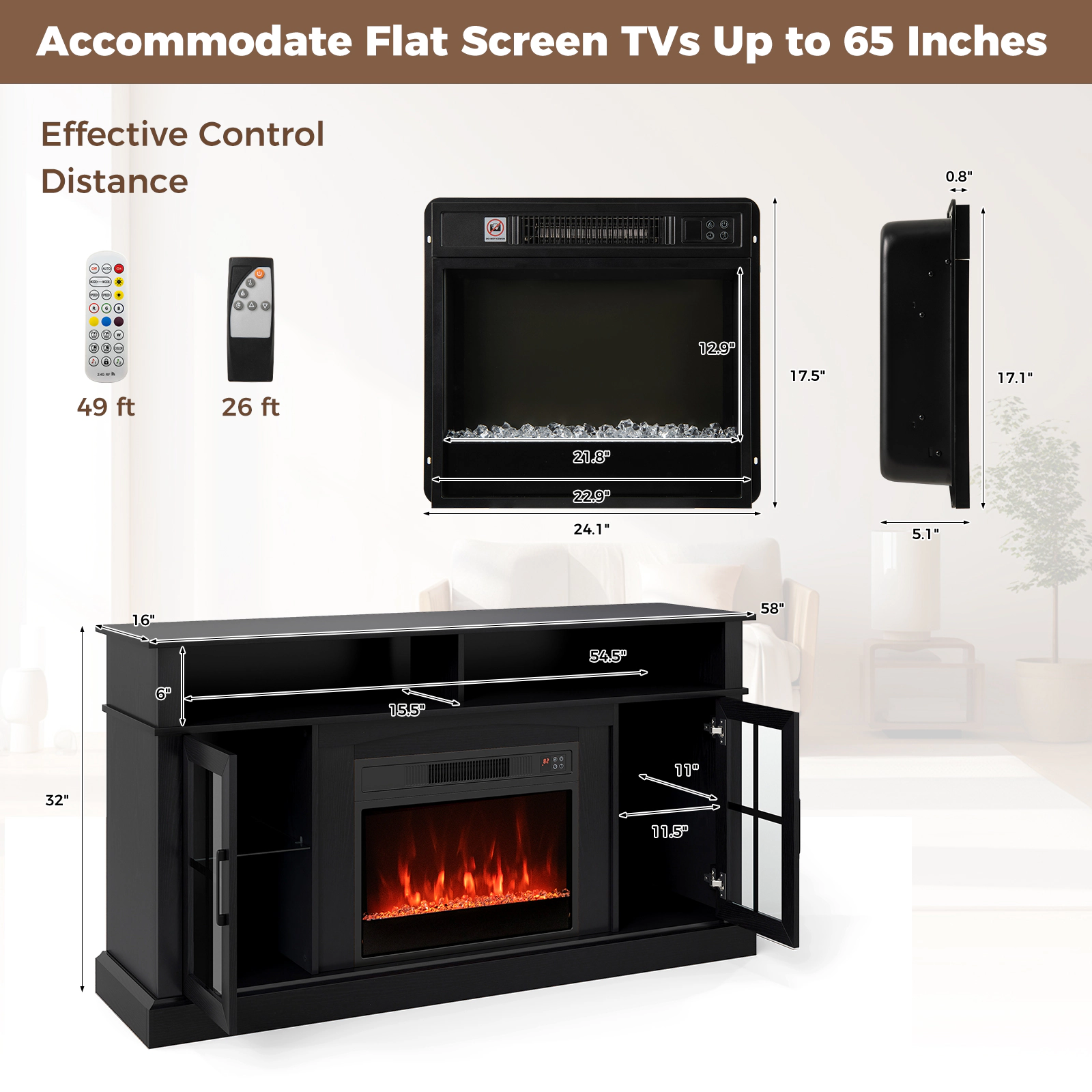 SUGIFT 58-In Black Electric Fireplace TV Stand for TVs Up to 65 Inches