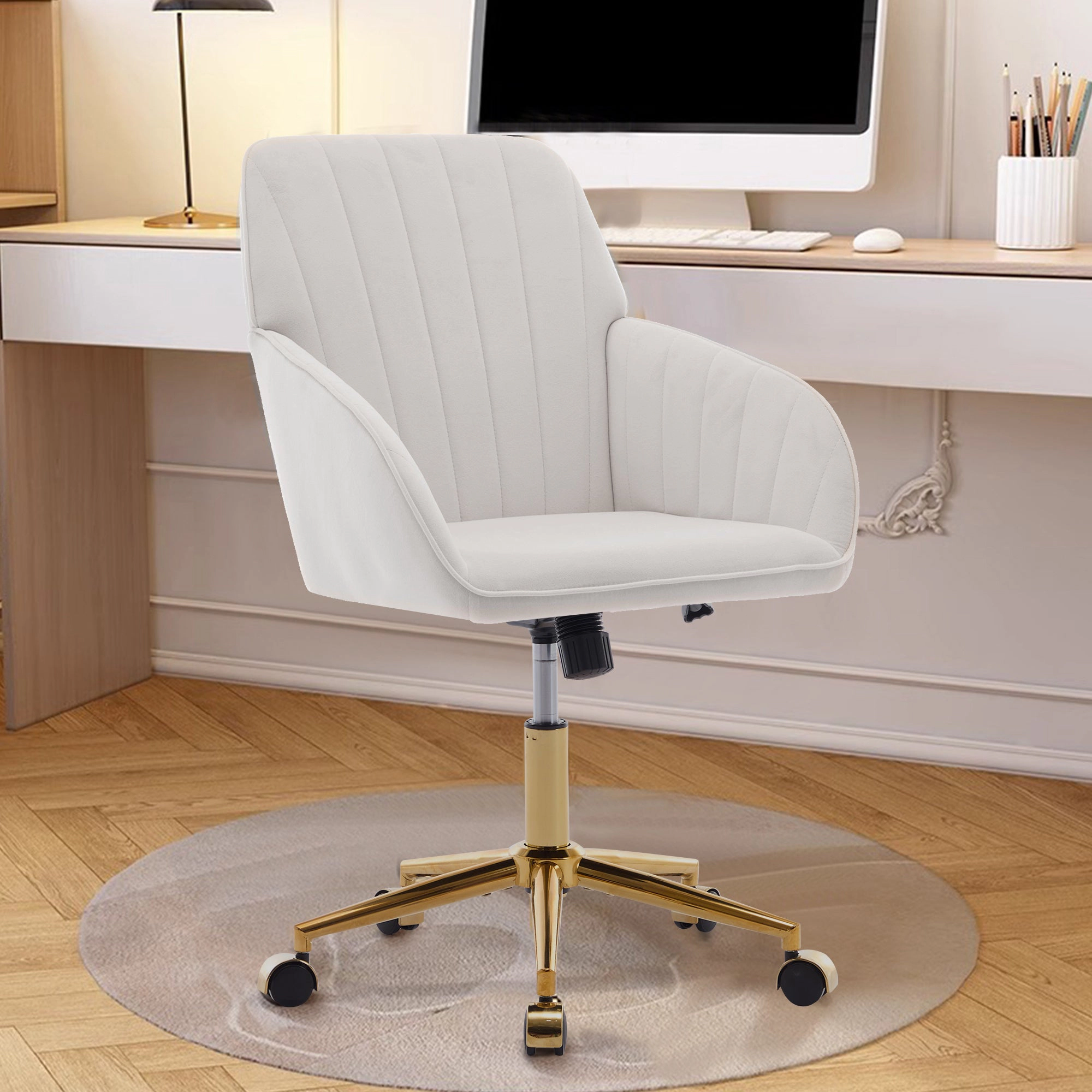 Platinum-Level Office Chairs TY Ergonomic Swivel Office Chair, Beige Velvet, Gold Base