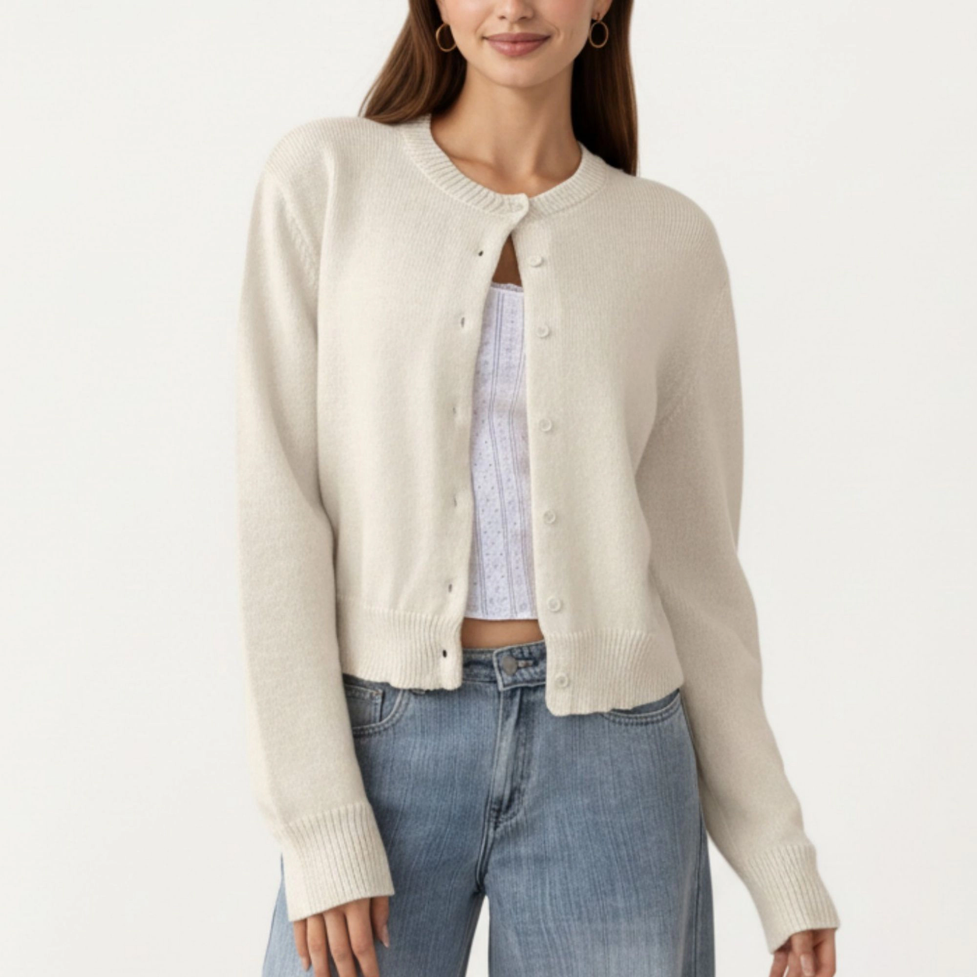 Anna-Kaci Women's Soft Knit Button Front Cropped Cardigan with Ribbed Trim Details and Relaxed Long Sleeves