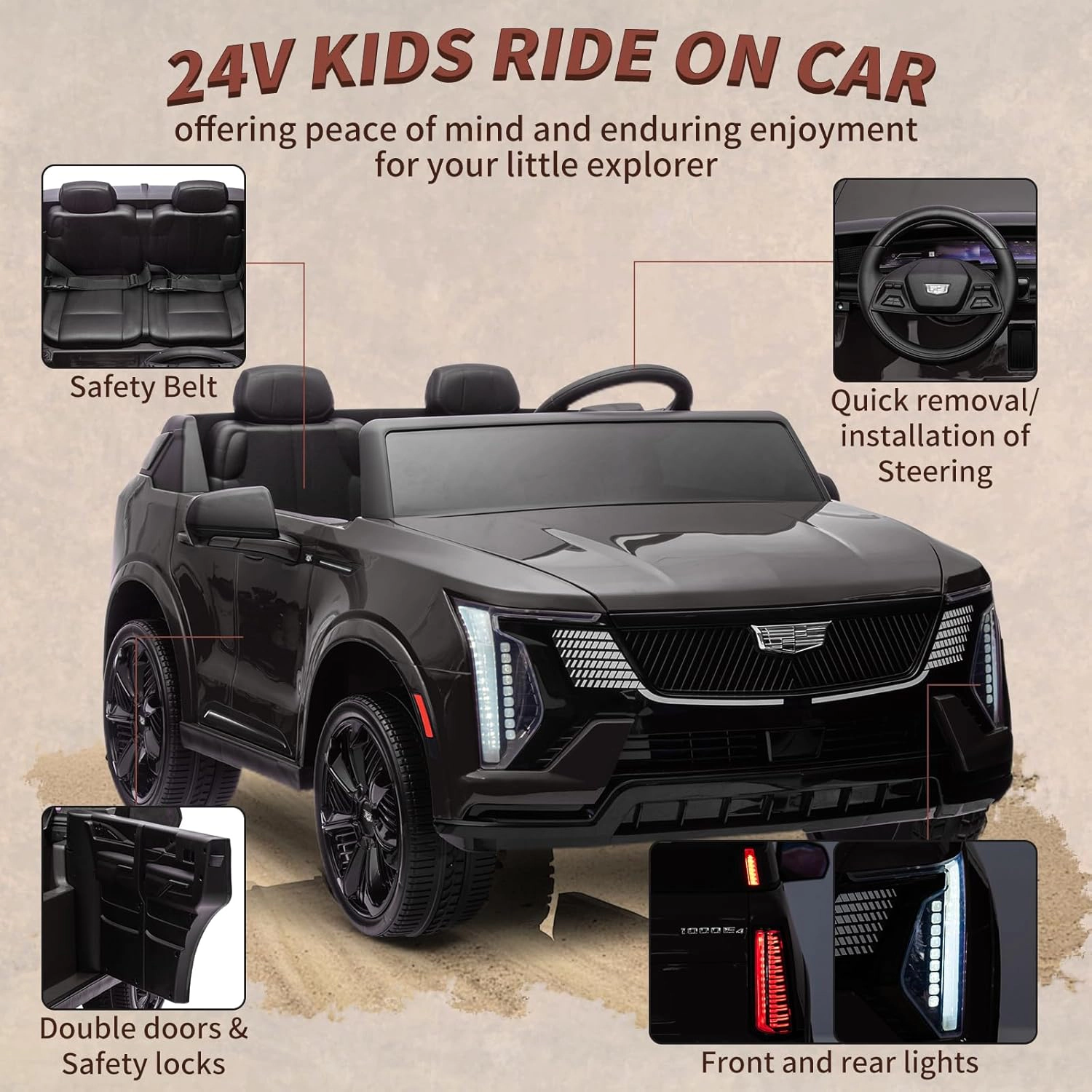 24V Licensed Cadillac Kids Ride On Car, 2-Seater Electric Vehicle w/ Remote, Music, LED, Shock Absorbers & Seatbelts