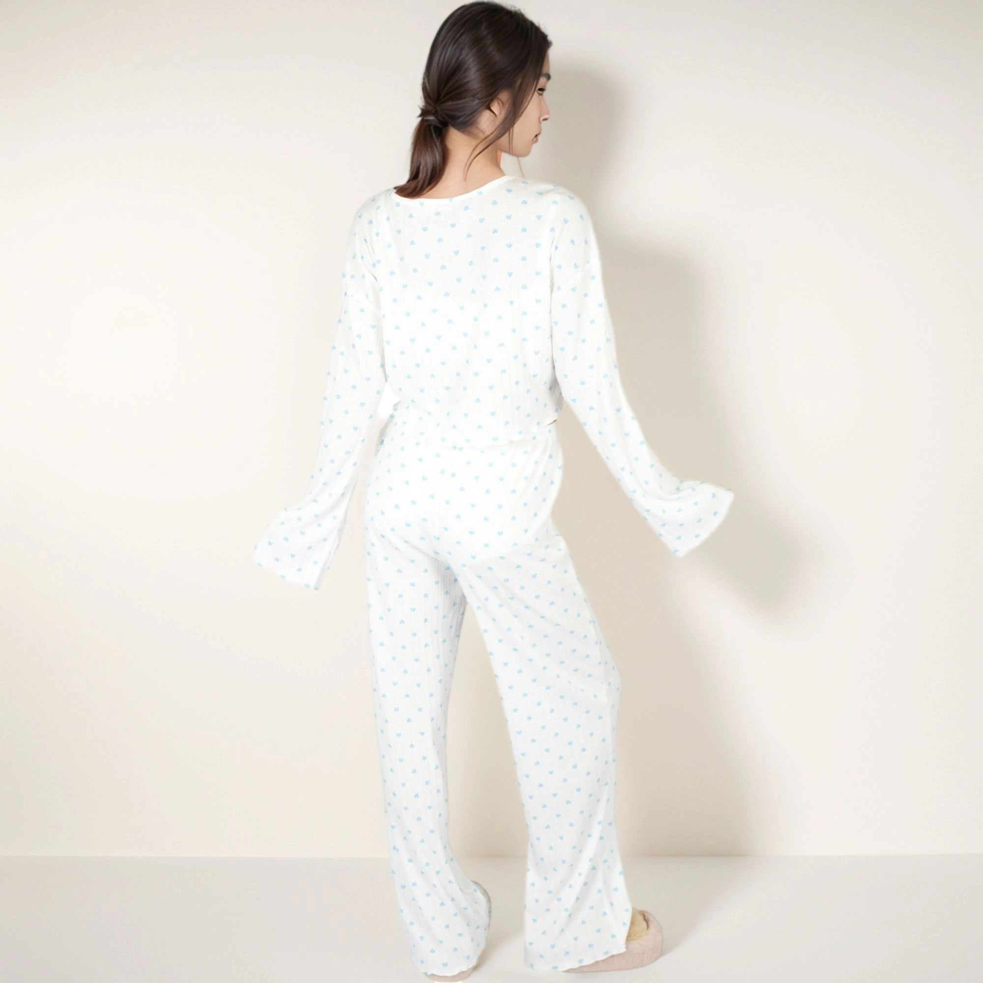 Anna-Kaci Women's Valentine Heart Print Long Sleeve Cropped Top and Wide Leg Pajama Pants Lounge Set