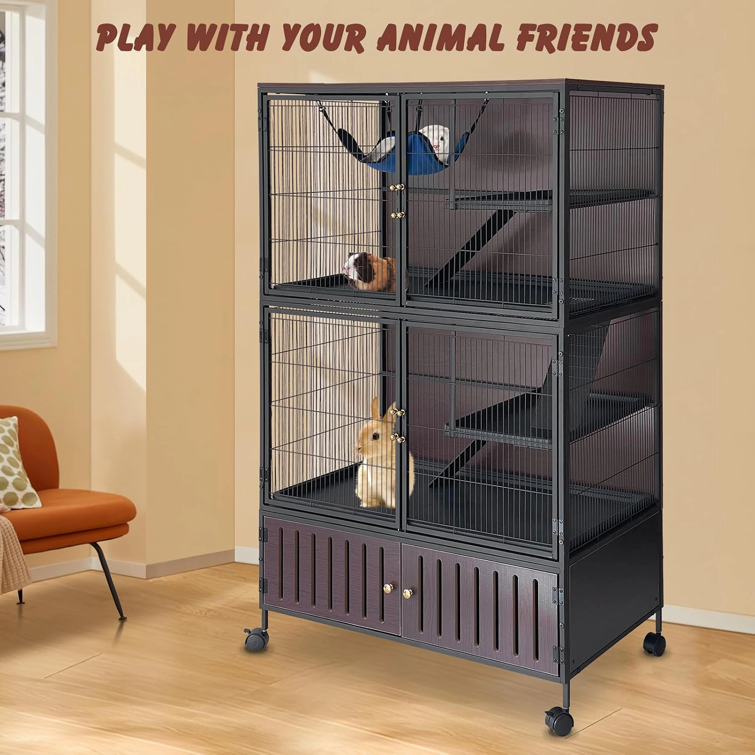 92x58.5x150cm Multi-Level Ironwood Ferret Cage, Small Animal Habitat with Full Accessories, Black