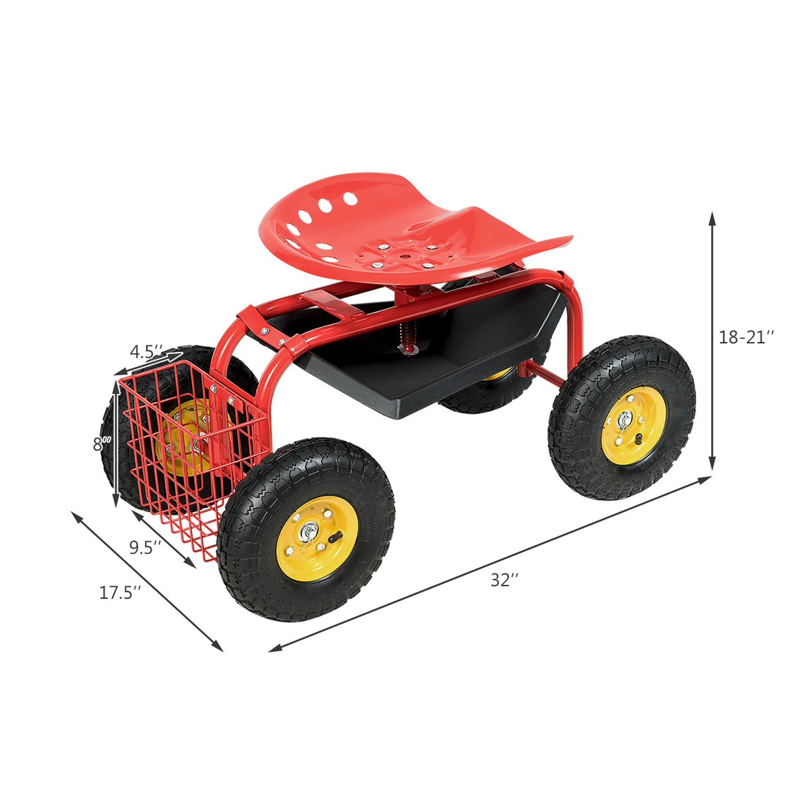 SUGIFT Rolling Garden Work Seat Cart with Adjustable 360-Degree Seat 330-lb Capacity with Tool Tray and Basket Red