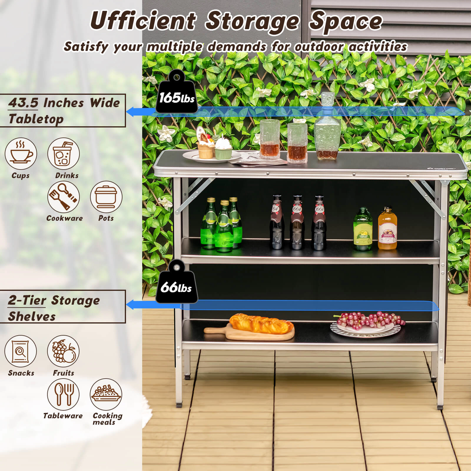 LJG Folding Camping Table with 2-Tier Open Shelves for Outdoor BBQ