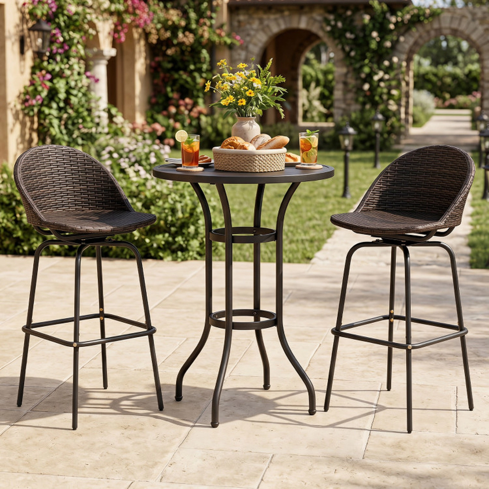 SUGIFT Brown Hand-Woven Rattan Seat and Footrest Set of 2 Patio Swivel Bar Stools