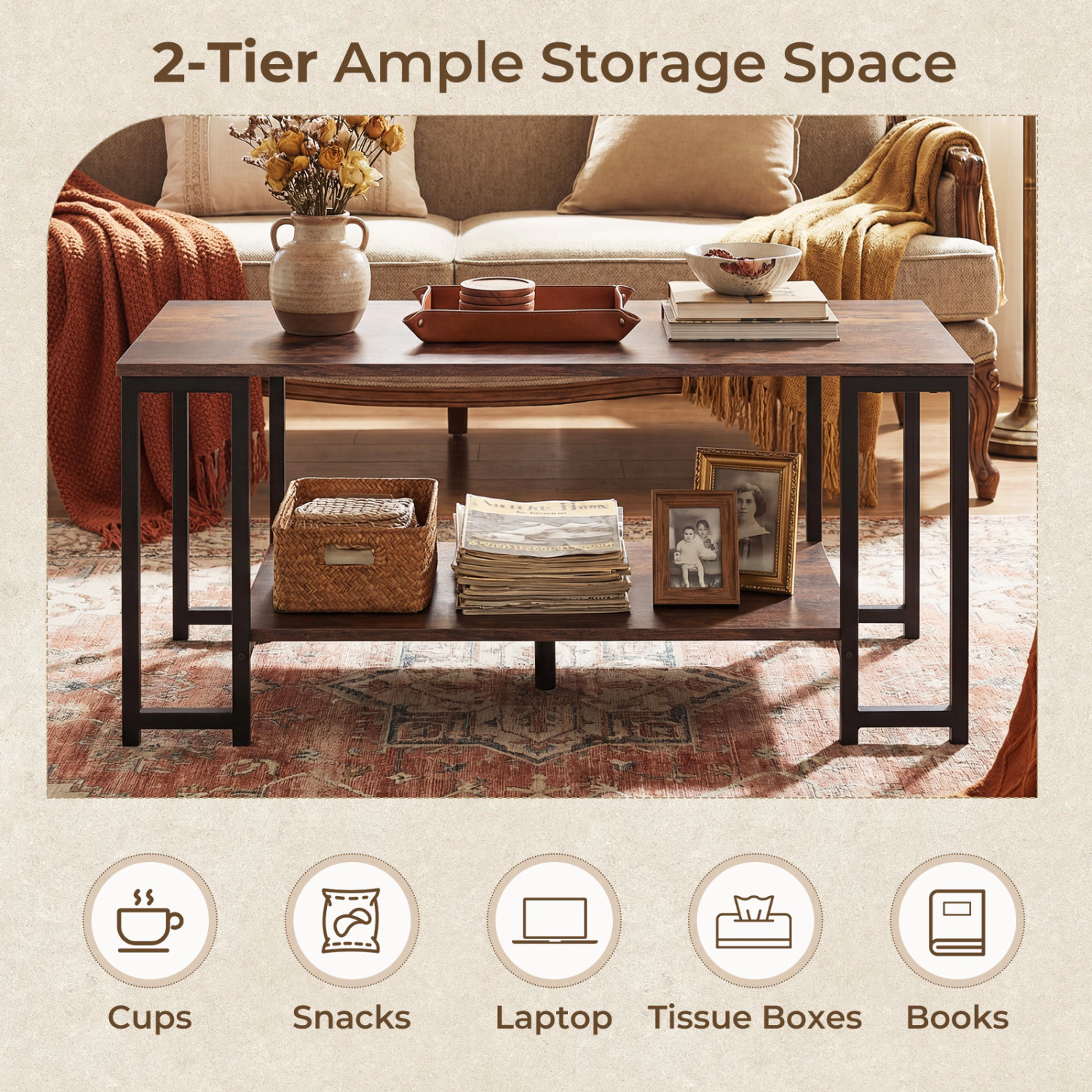 Glintex 2-Tier 39.5-Inch Accent Coffee Table with Reinforced Center Support