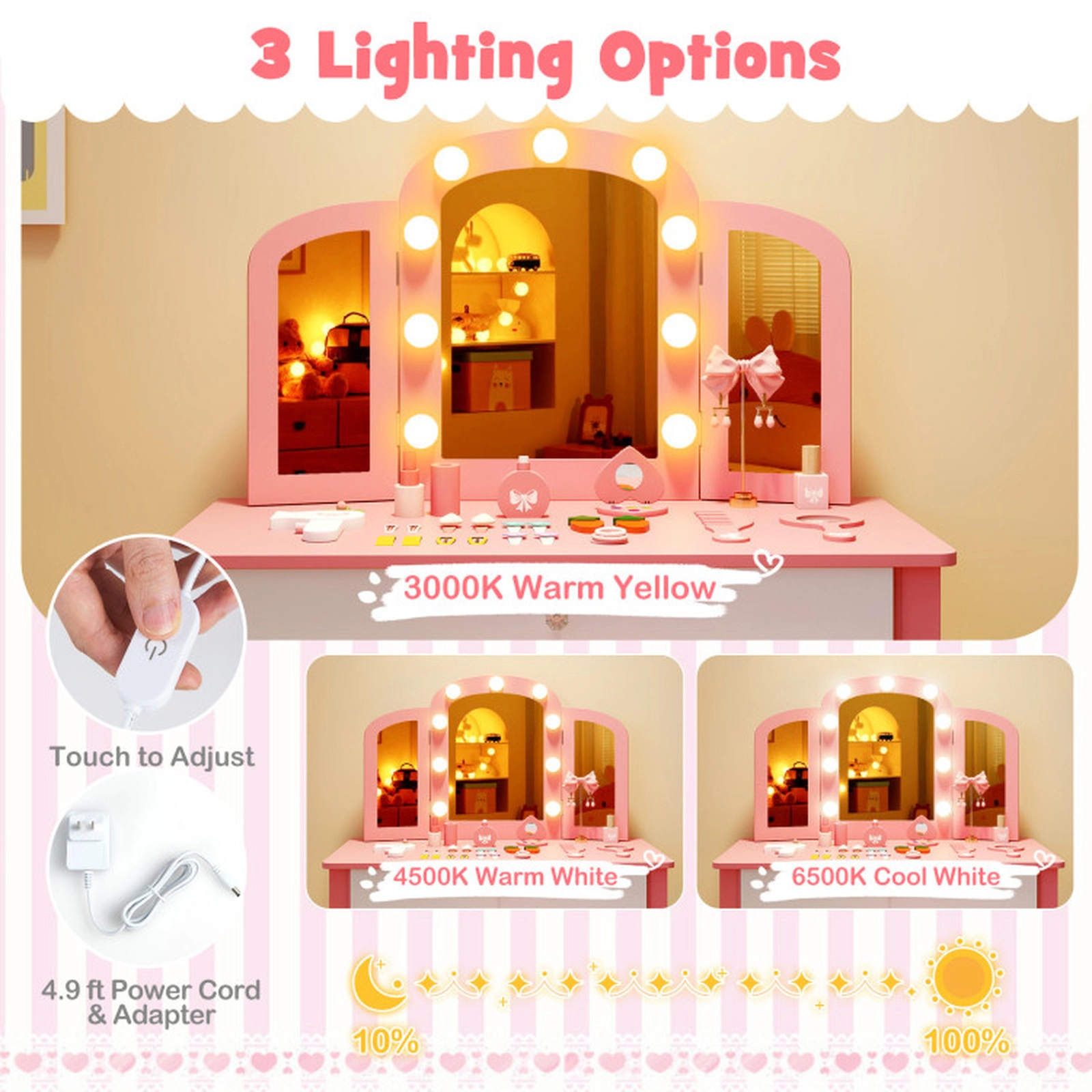 SUGIFT 2-in-1 Kids Vanity Table Set with Tri-Folding Detachable Lighted Mirror 110-lb Capacity Ages 3-12 Pink/White