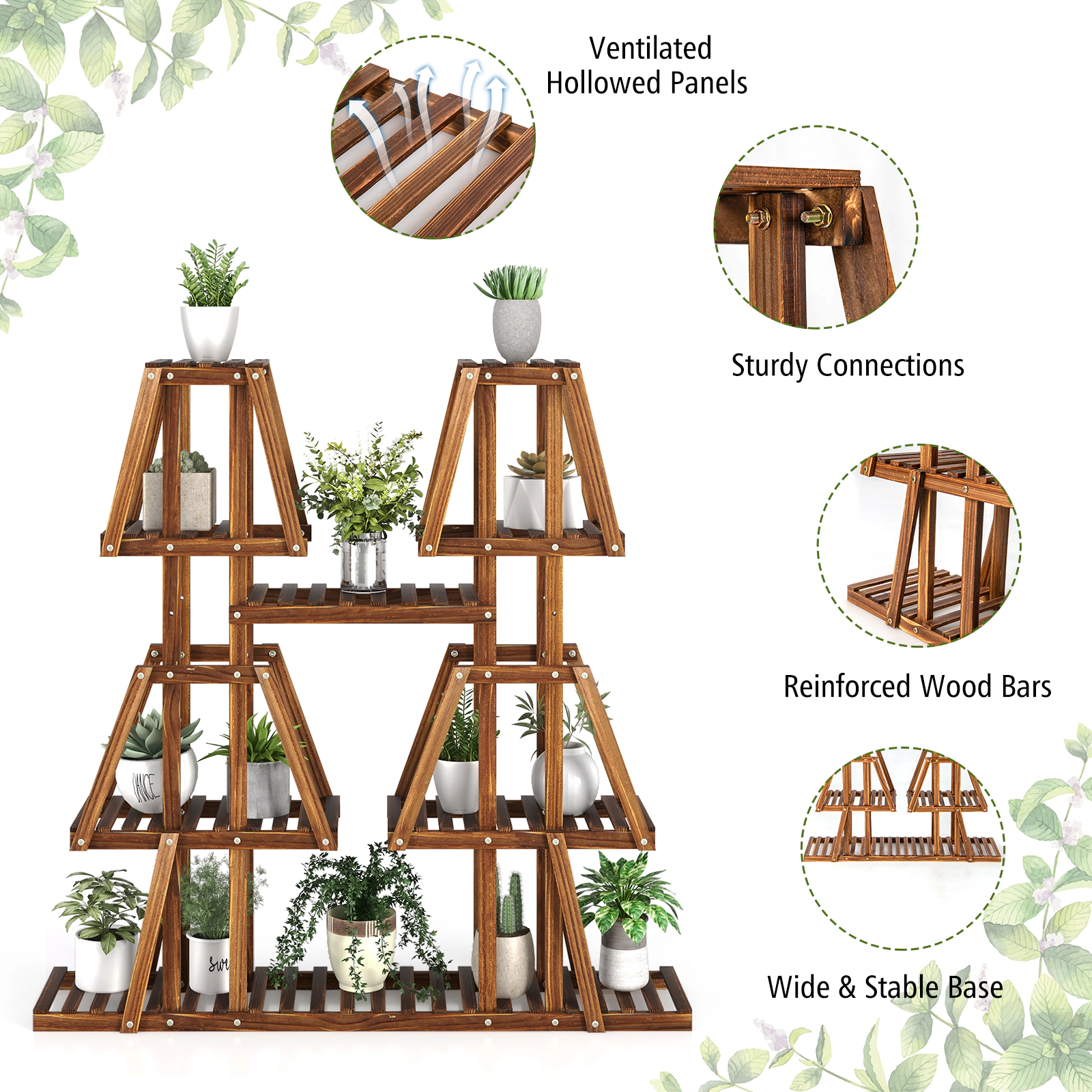 SUGIFT Brown 5-Tier 45-in Wooden Plant Stand with 10 Shelves Tiered Plant Shelf for Indoor and Outdoor
