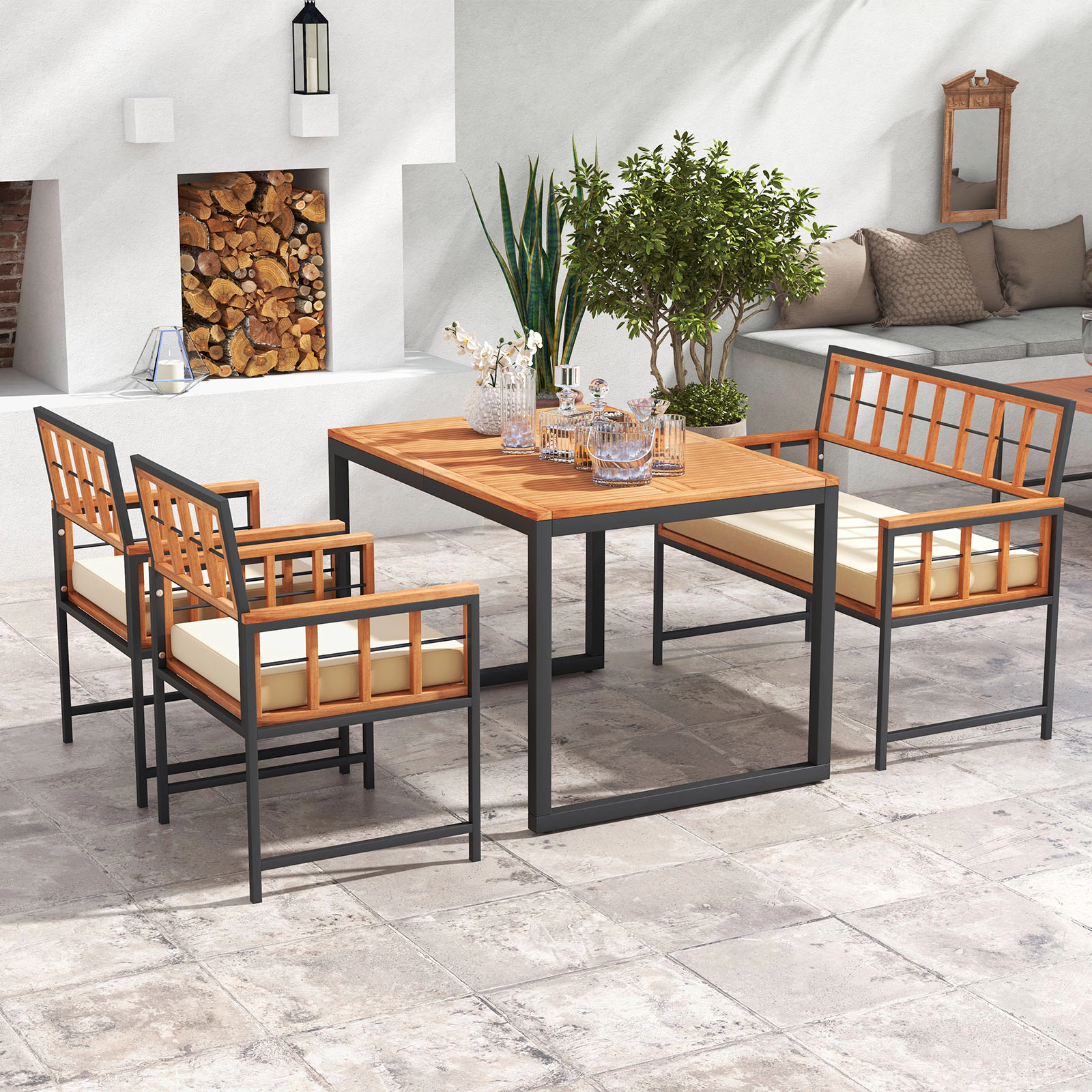 LJG 4 Pieces Acacia Wood Patio Dining Set with 1 Rectangular Table