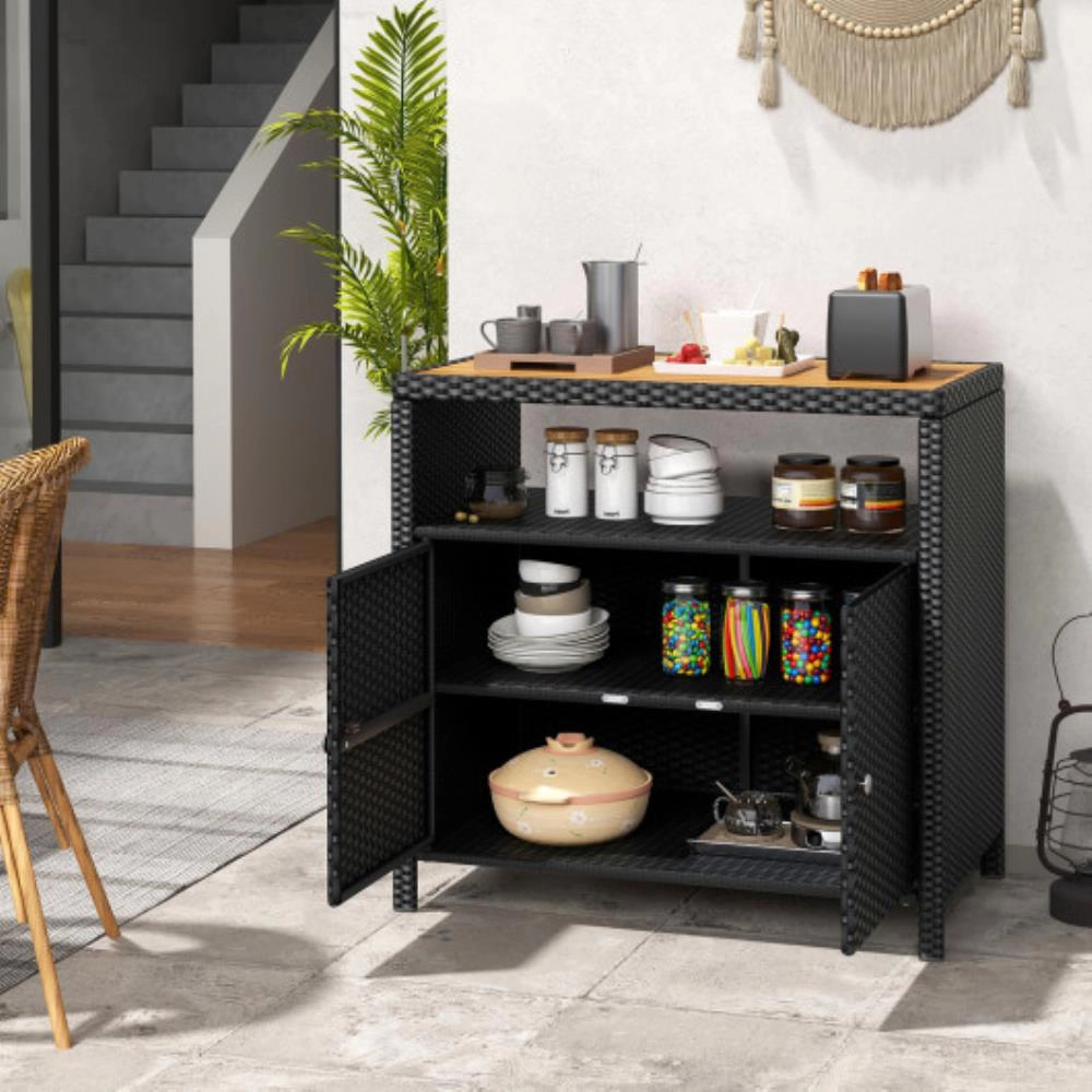 Hivvago Rattan Storage Cabinet With Acacia Wood Countertop For Poolside Deck And Patio