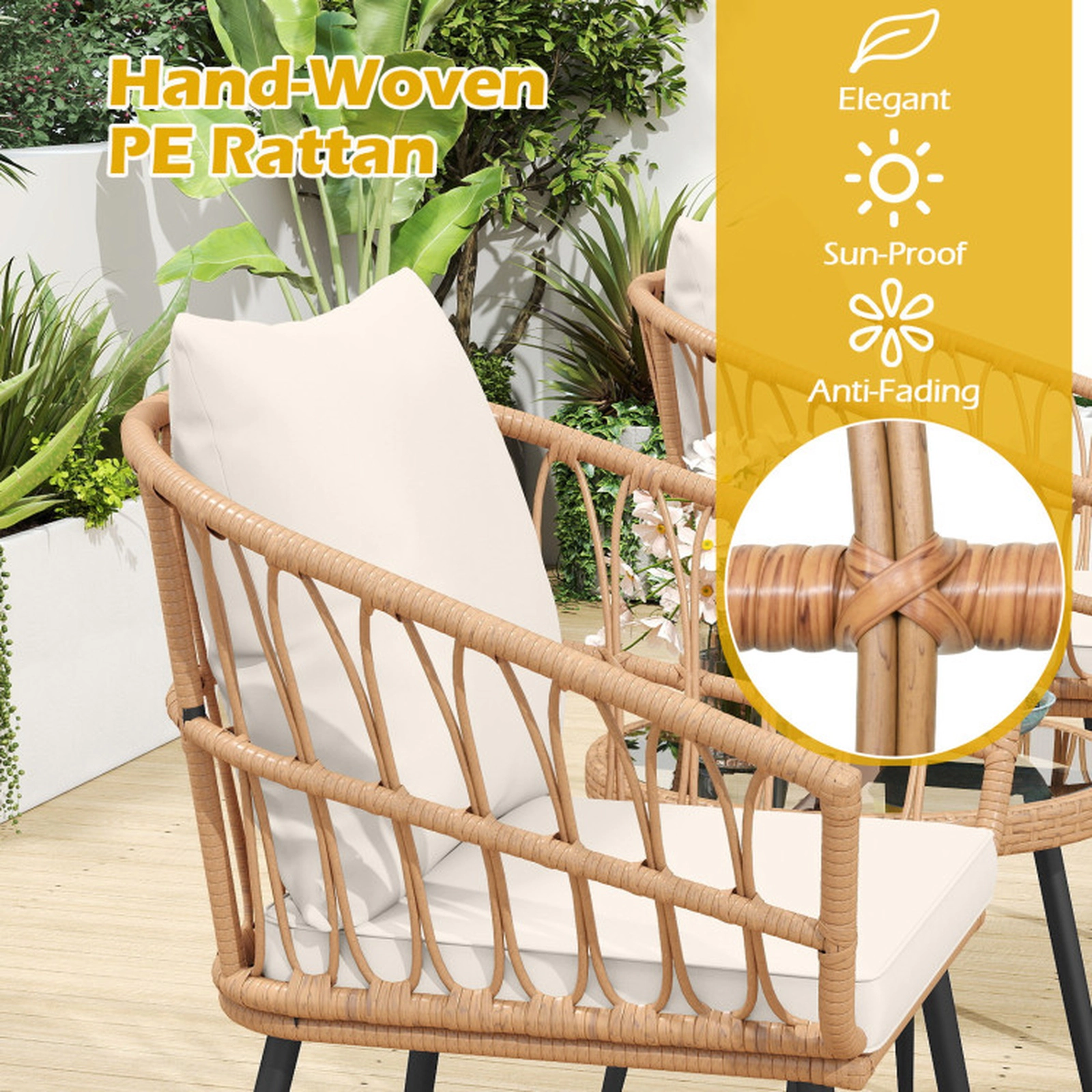 SUGIFT 3 Piece PE Rattan Patio Bistro Conversation Set Tempered Glass Coffee Table 110-lb Table 330-lb Chairs Natural