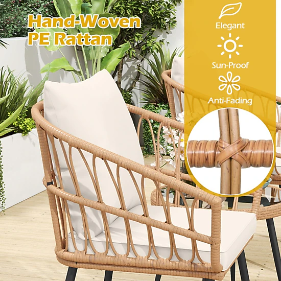 SUGIFT 3 Piece PE Rattan Patio Bistro Conversation Set Tempered Glass Coffee Table 110-lb Table 330-lb Chairs Natural