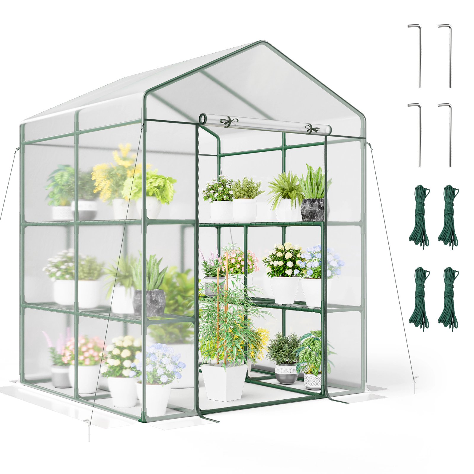 SUGIFT Walk-in Greenhouse with 3 Tiers 8 Mesh Shelves Clear PVC Cover and Roll-Up Zippered Door