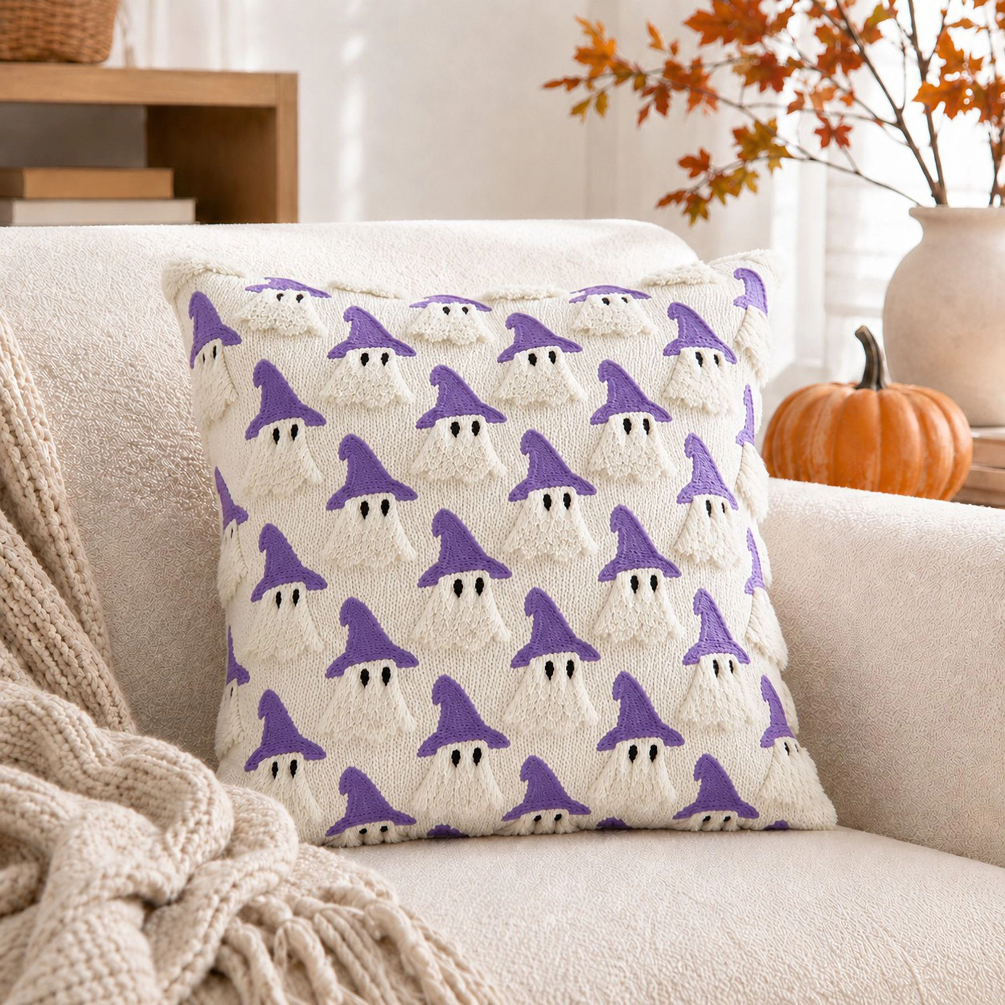 Alilang Halloween Tufted Witch Ghost Decorative Throw Pillow Cover