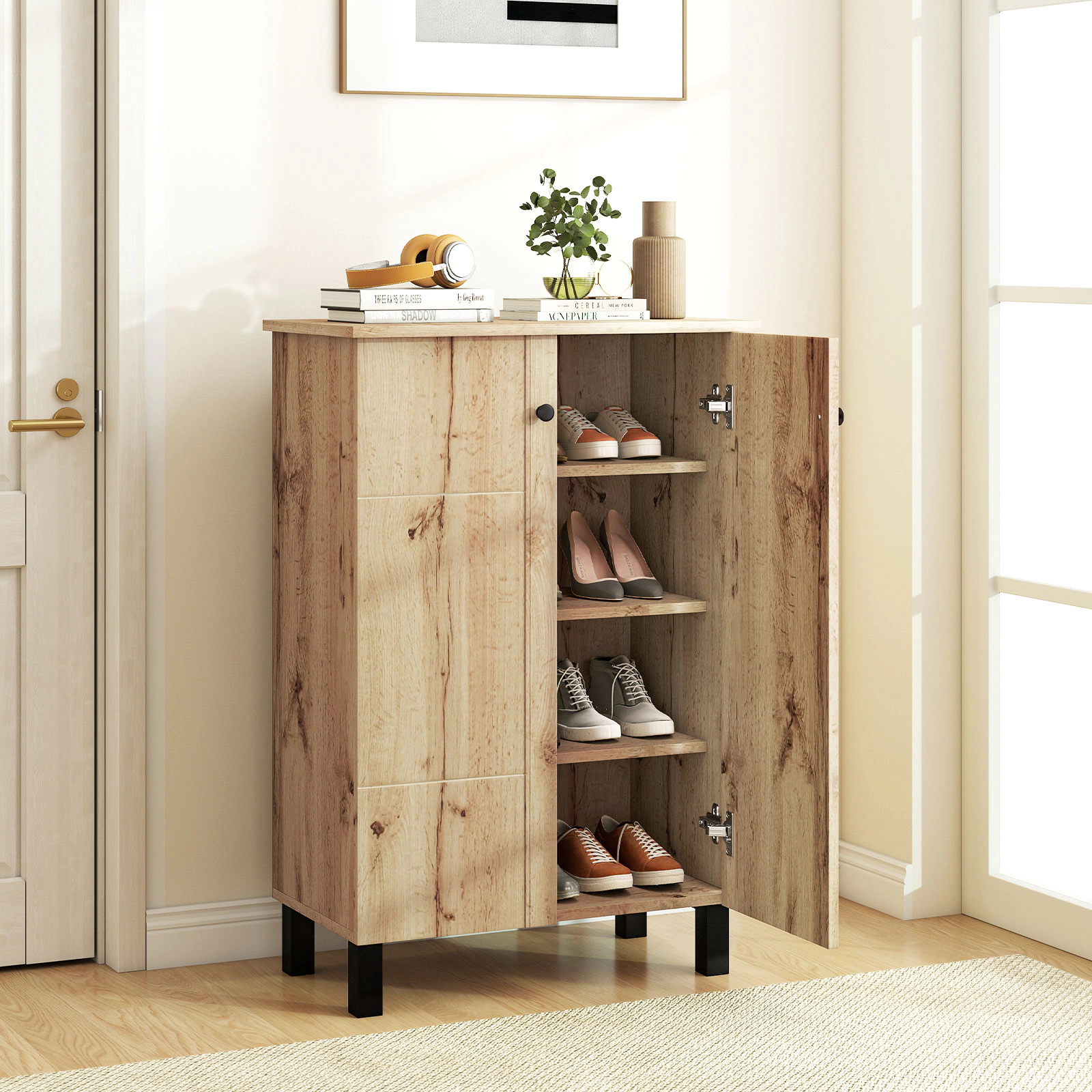 SUGIFT Natural 2 Doors 3 Removable Shelves and Anti-Tip Hardware 4-Tier Shoe Cabinet