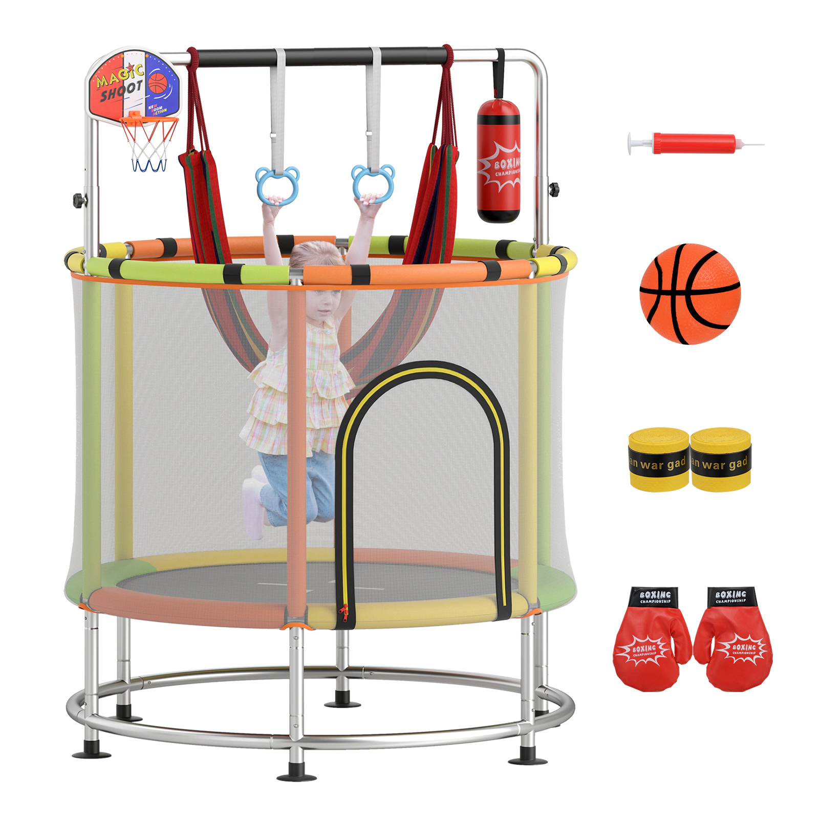 SUGIFT 55-in Kids Trampoline with 6 Play Modes Gym Bar Basketball Hoop Hammock and Accessories 440-lb Capacity Ages 3-6