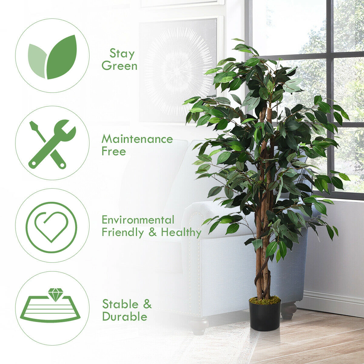 SlickBlue Artificial Ficus Floor Plant 4ft Cement Base Decorative Tree