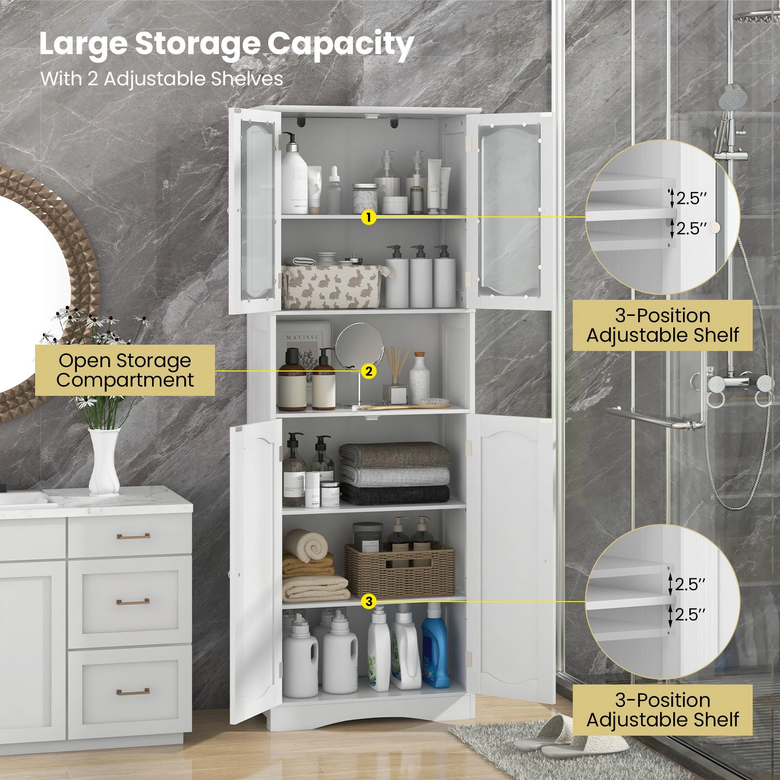 SlickBlue Freestanding Linen Cabinet with Adjustable Shelves for Home Storage