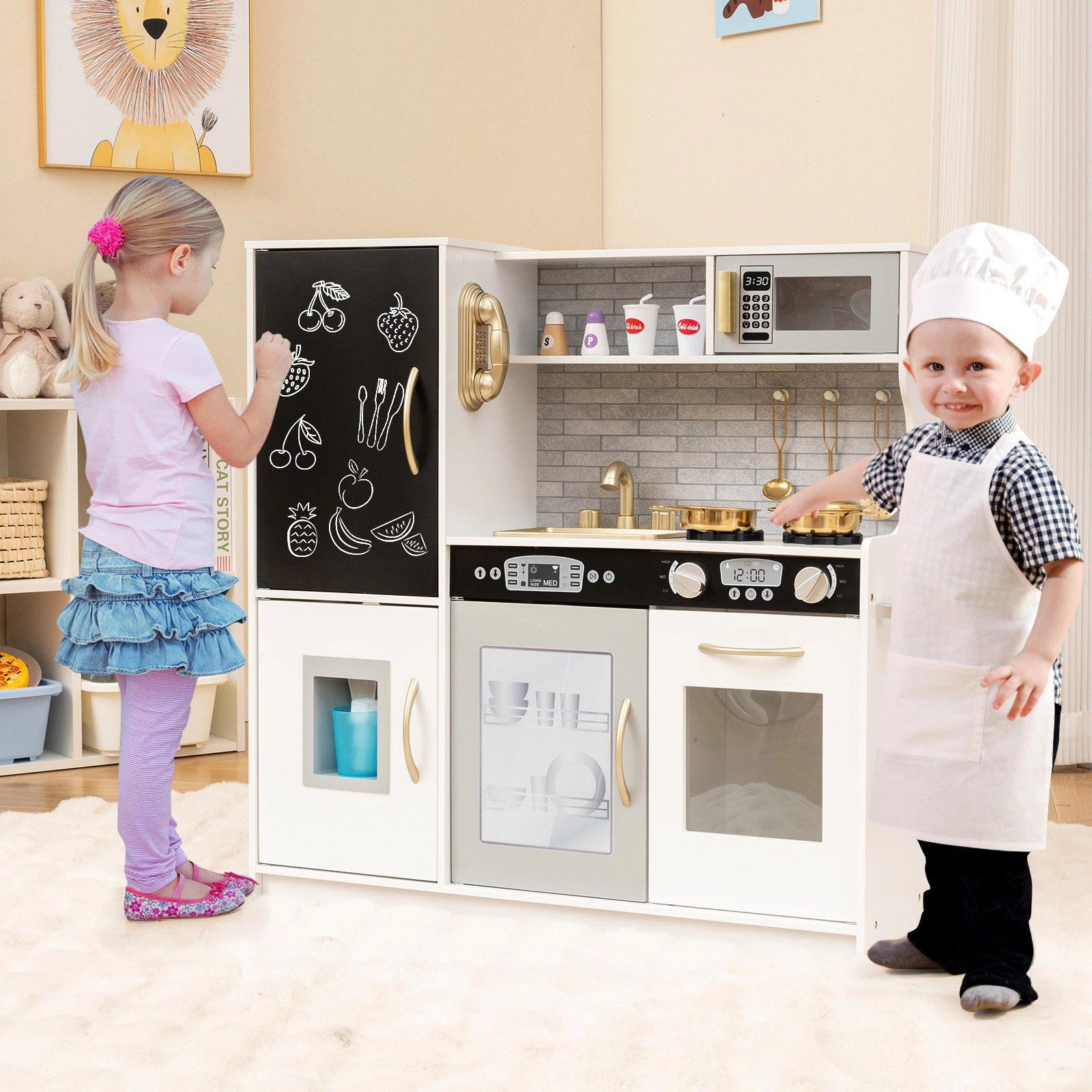 Toddler Pretend Play Kitchen Ages 3-6 Removable Sink Ice Maker Dishwasher 16-in Blackboard 32-in x 9.5-in x 31.5-in