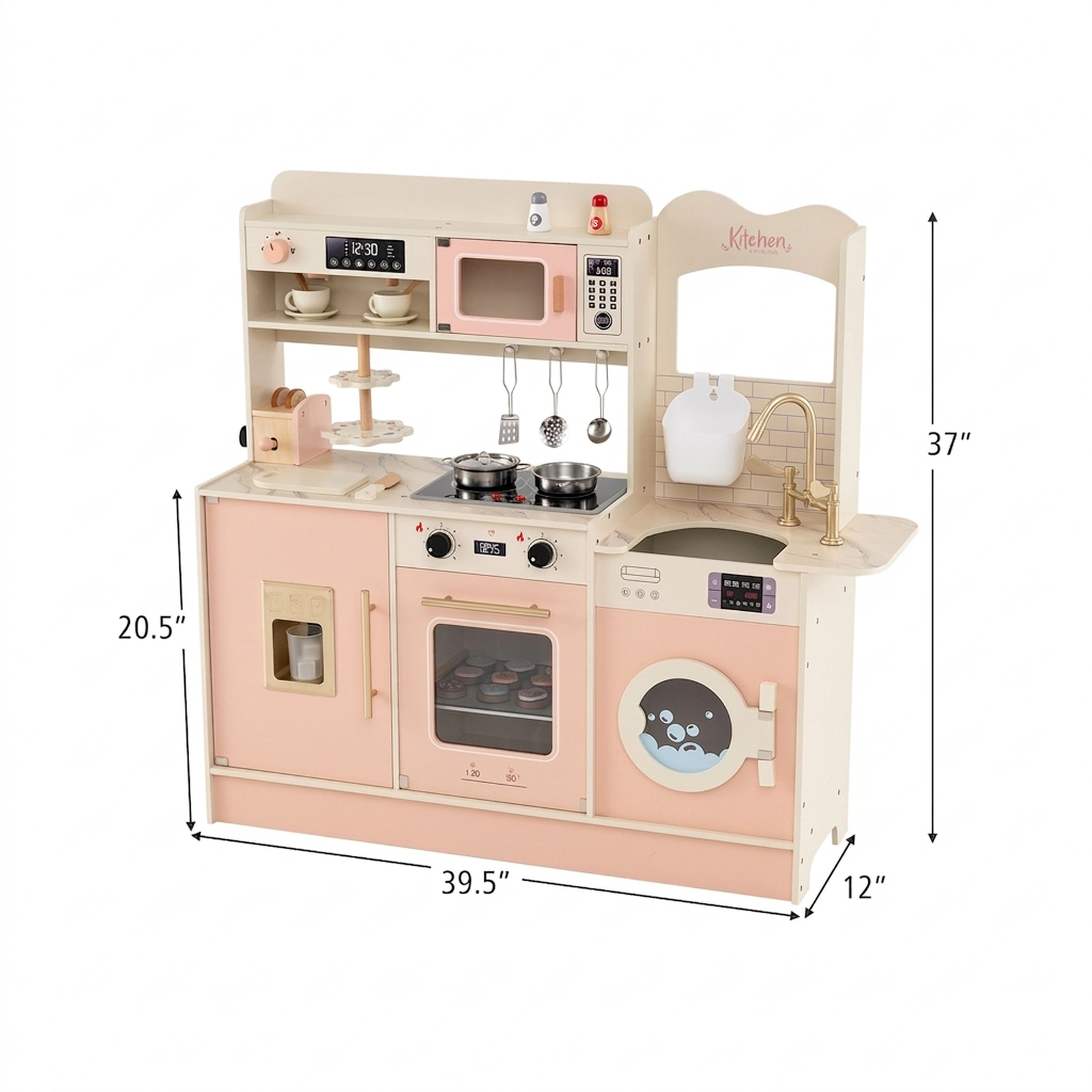 Toy Kitchen Playset Lights and Sounds 25 Accessories Dessert Rack Detachable Sink 39.5-in Kids Play Kitchen Ages 3+ Pink