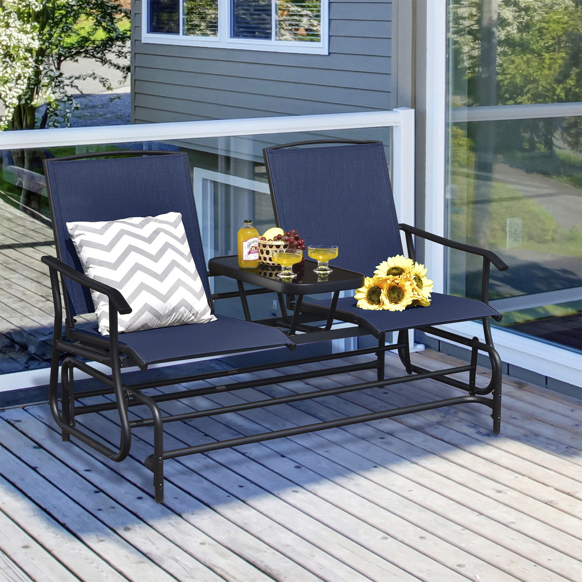 SUGIFT Navy Mesh Fabric and Tempered Glass Center Table 2-Person Double Rocking Loveseat