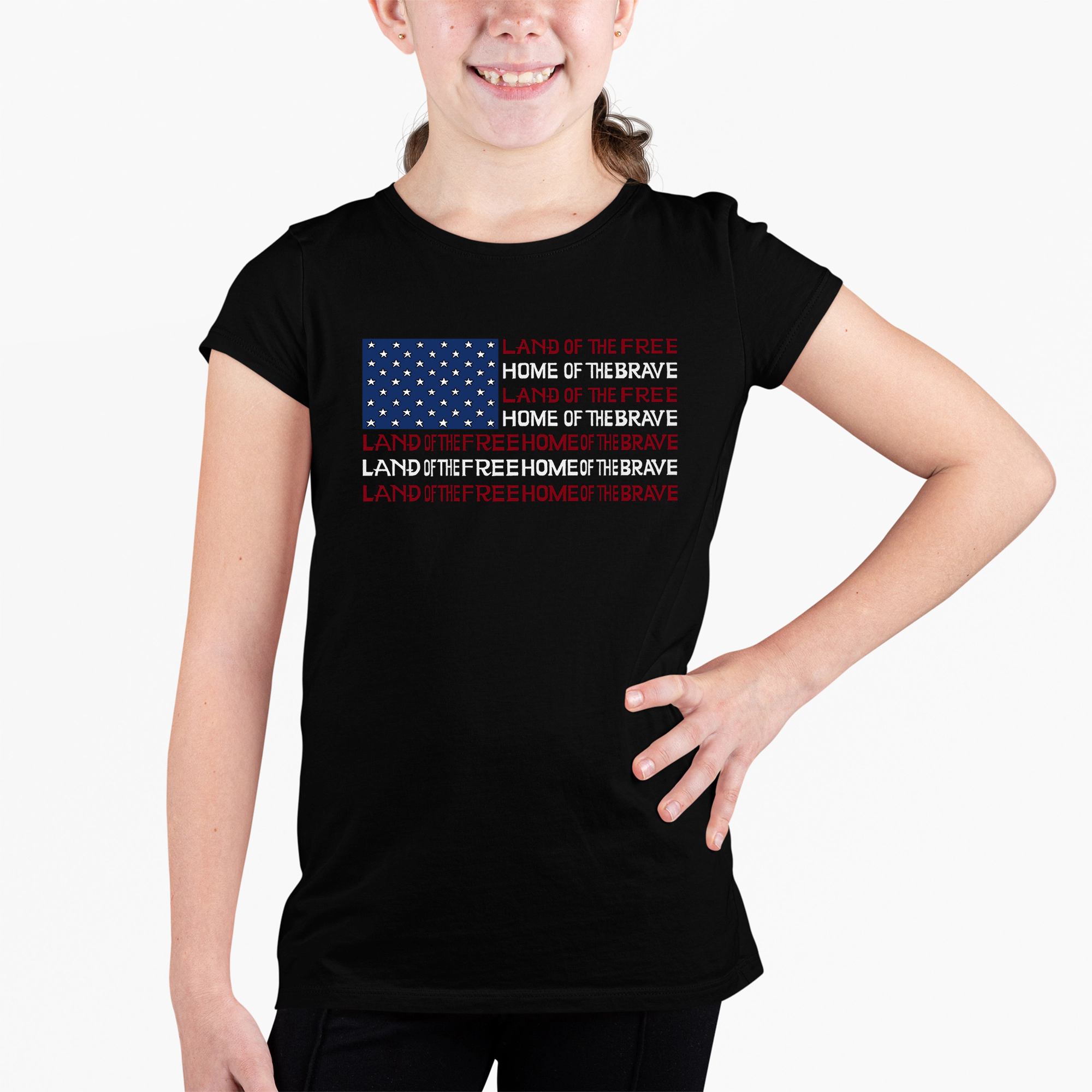 LA Pop Art Girls Word T-Shirt - Land of the Free American Flag