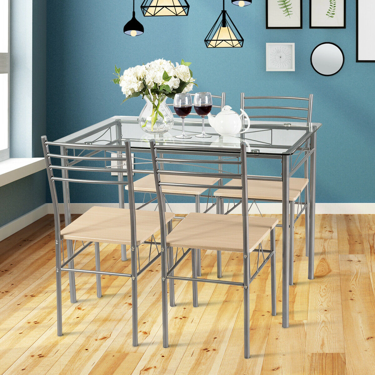 SUGIFT 5-Piece Silver 42-Inch Tempered Glass Dining Set with 4 High-Back Armless Chairs