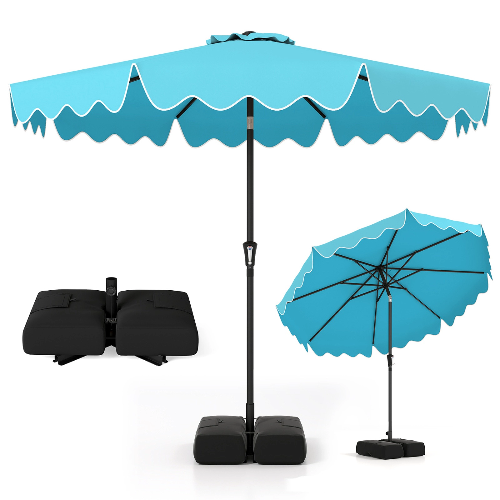 SUGIFT Double-Tier 9-Ft Patio Umbrella with Crank Lift, Tilt Canopy, Sandbag Base Turquoise