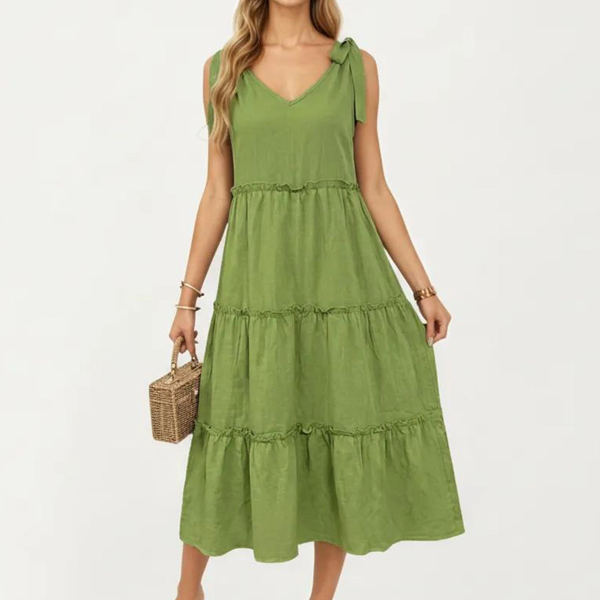 Anna-Kaci Women's Sleeveless Tiered V Neck Shoulder Tie Detail Midi Dress