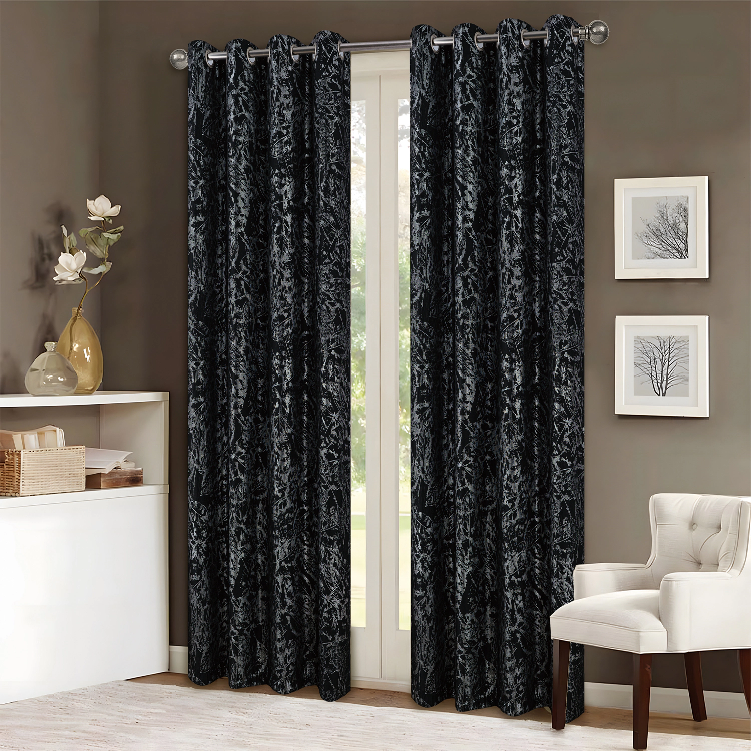 RT Designers Collection Brighton Foil Jacquard Polyester Window Curtain Grommet Panel 52" x 84" Black