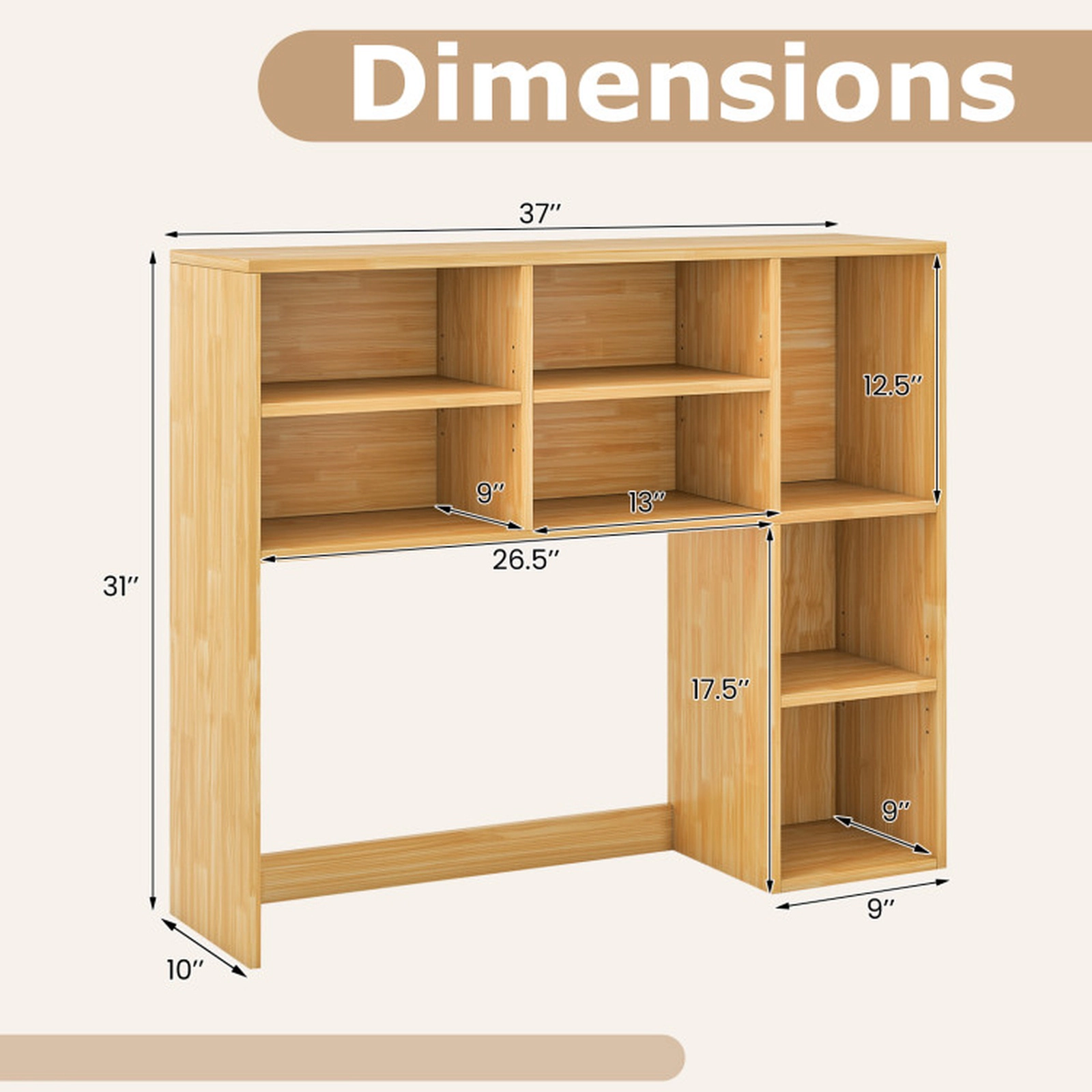 SUGIFT Natural 37-in Desktop Bookshelf Countertop Organizer with 7 Cubbies 3 Adjustable Shelves and 210-lb Top
