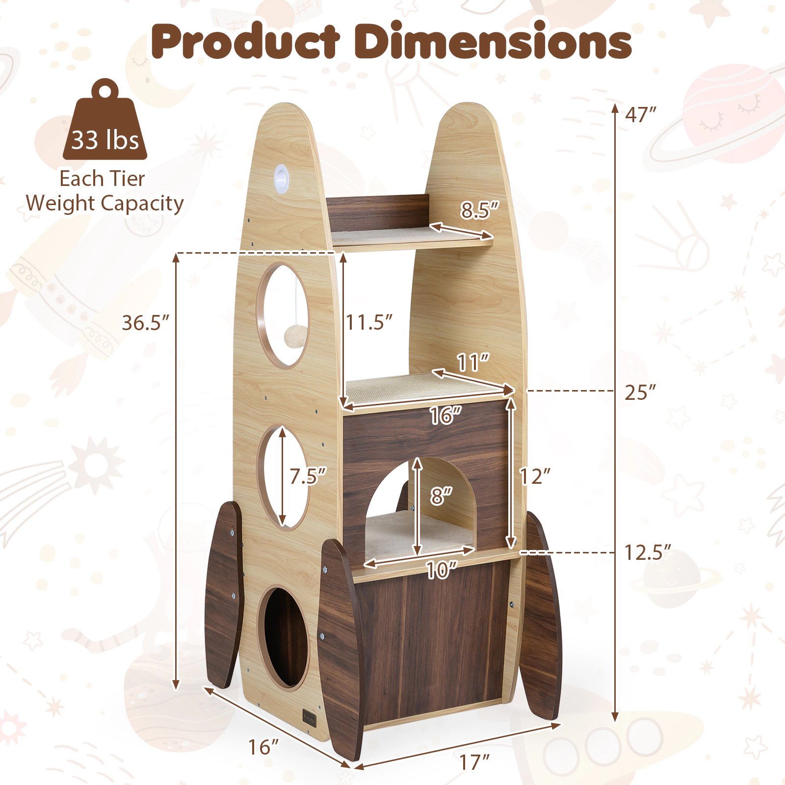 Glintex 47-Inch Rocket Cat Tower with Triangle Structure and Guardrail Top Perch, Natural