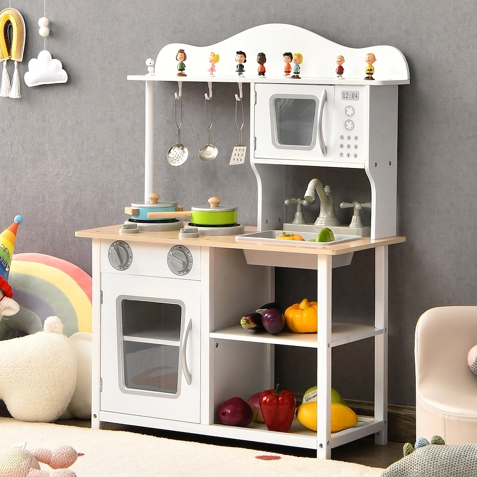 Wooden Pretend Play Kitchen Set for Kids Sink Oven Clicking Stove Knobs 2-Tier Shelf 23.5-in x 12-in x 32.5-in White