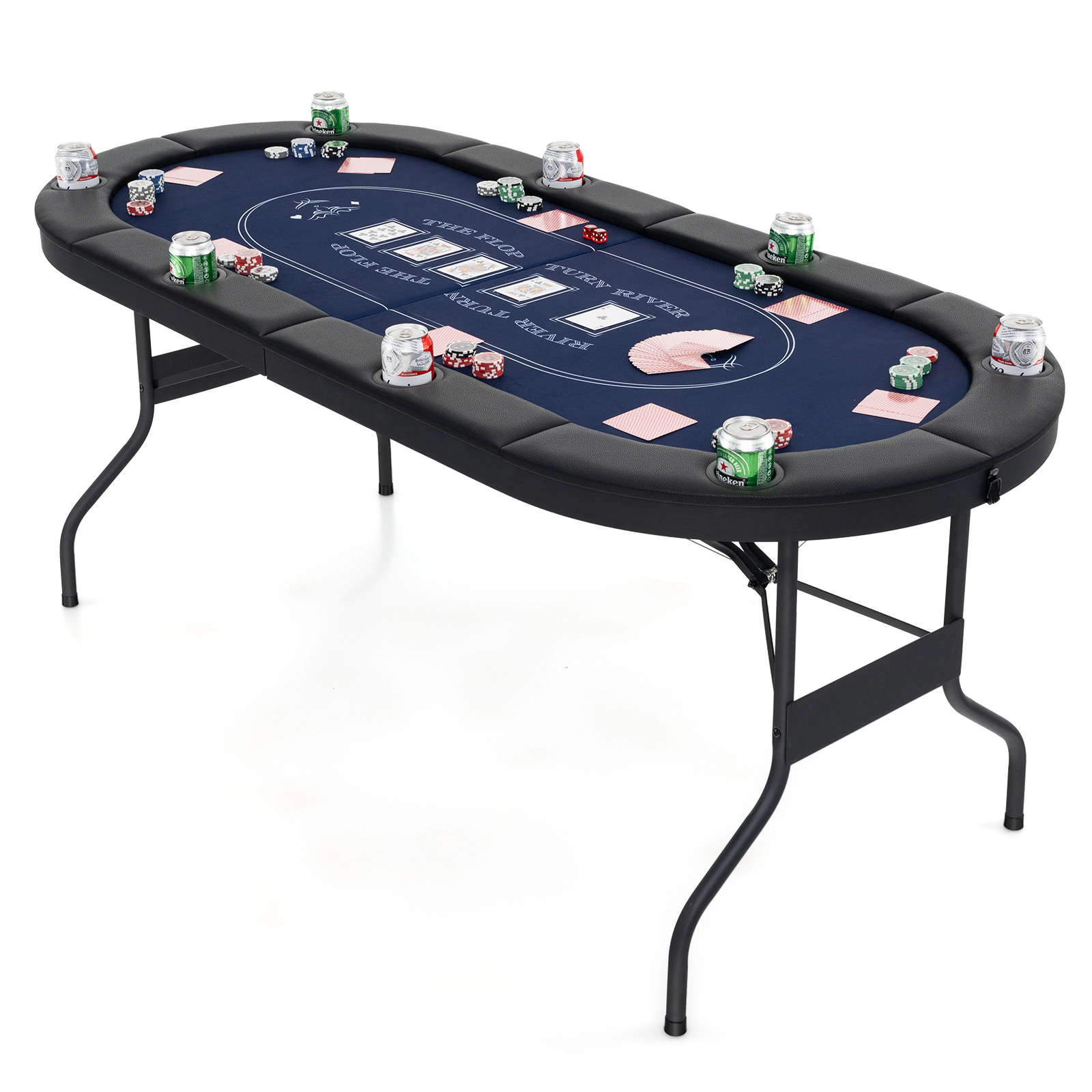 SUGIFT Blue 8-Player Oval Foldable Poker Table with Padded PU Leather Railings 72-in W 32.5-in D 29-in H