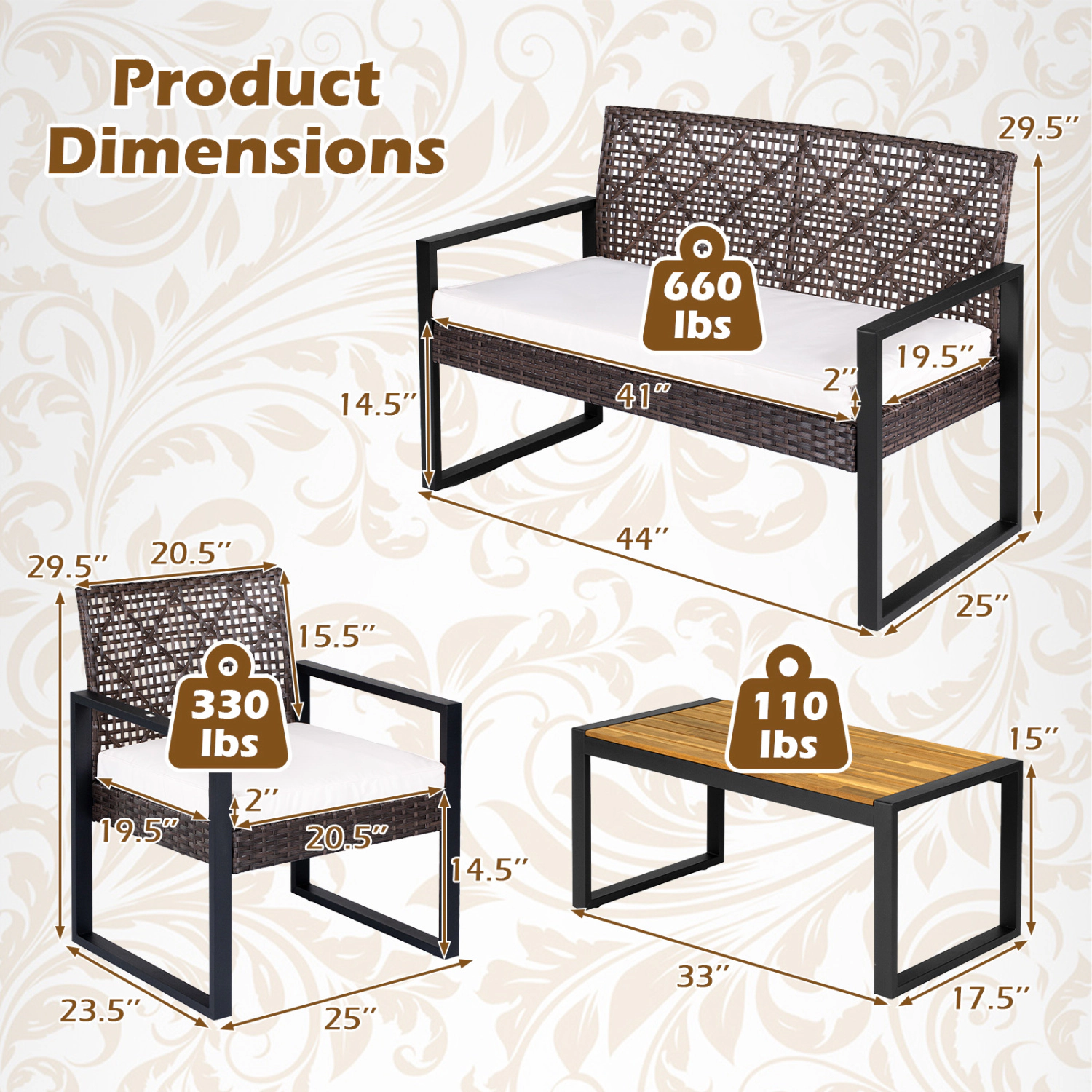LJG 4-Piece Patio Set with Acacia Coffee Table and Wicker Chairs for Backyard