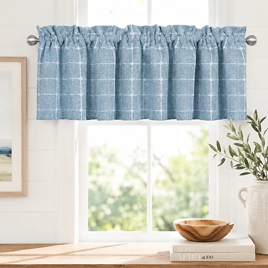 Kate Aurora Country Farmhouse Baby Blue Buffalo Plaid Rod Pocket Window ...