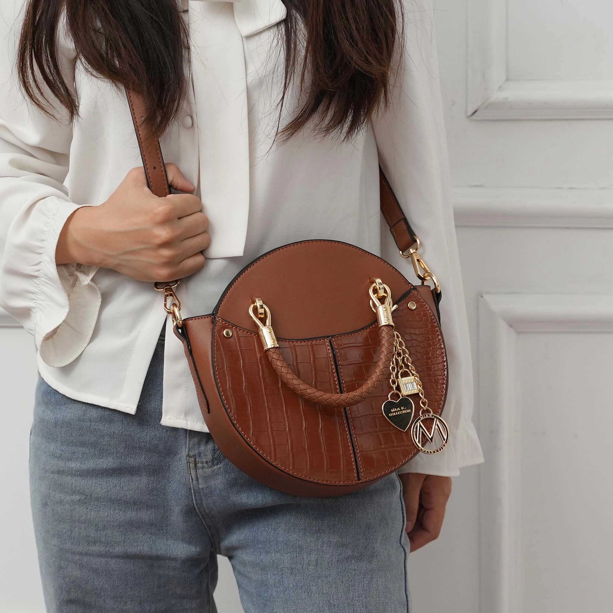 Mia K Collection Nobella Croco Crossbody Bag - Vegan Croc-Embossed Faux Leather, Gold-Tone Hardware
