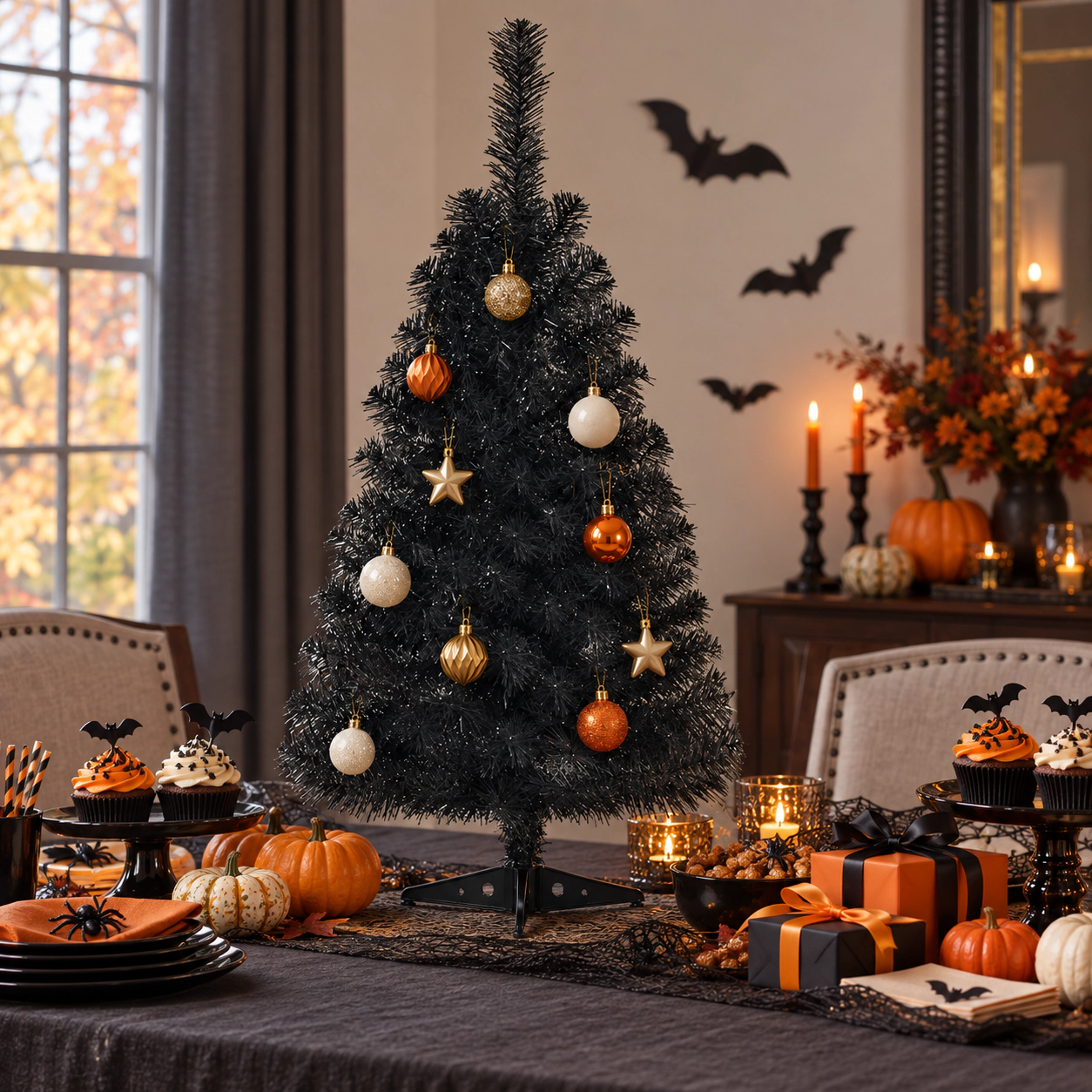SUGIFT 3-ft Mini Unlit Tabletop Halloween Artificial Christmas Tree with 116 Branch Tips and Plastic Stand Black