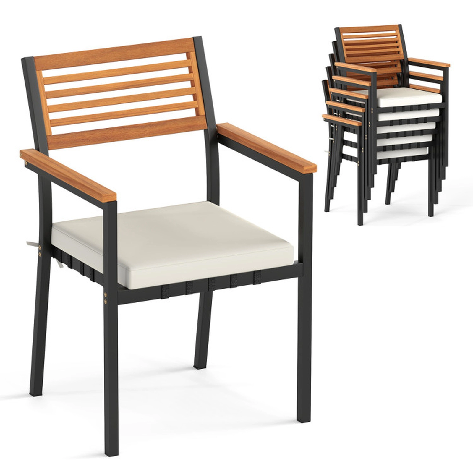 SUGIFT Stackable Patio Dining Chairs 400-lb Capacity with Cushions Natural and Black