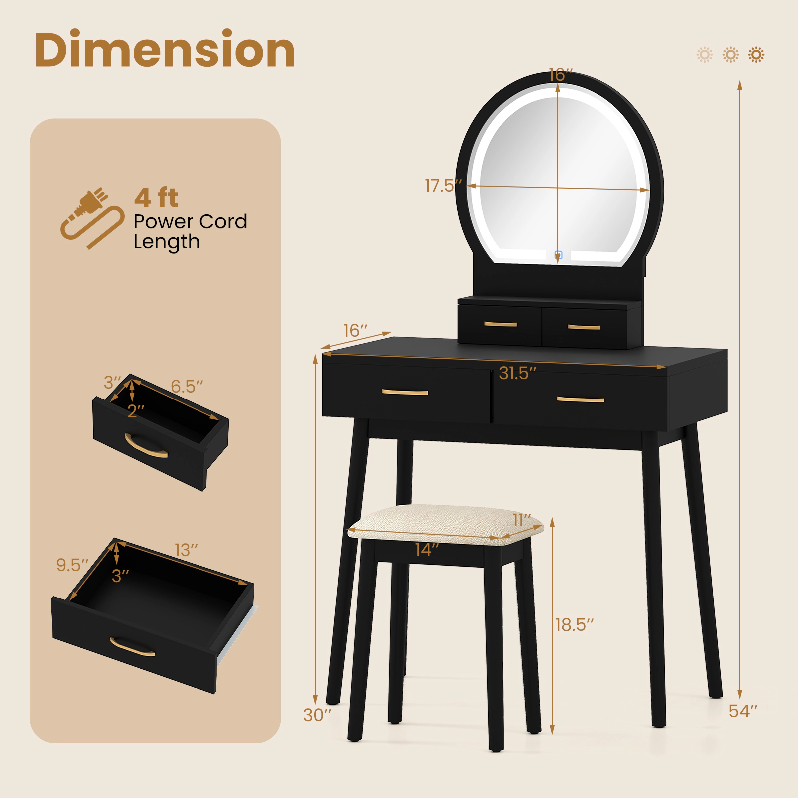 SUGIFT Small Vanity Makeup Dressing Table Set Cushioned Stool & LED Lighted Mirror 44-lb Tabletop 220-lb Stool Capacity