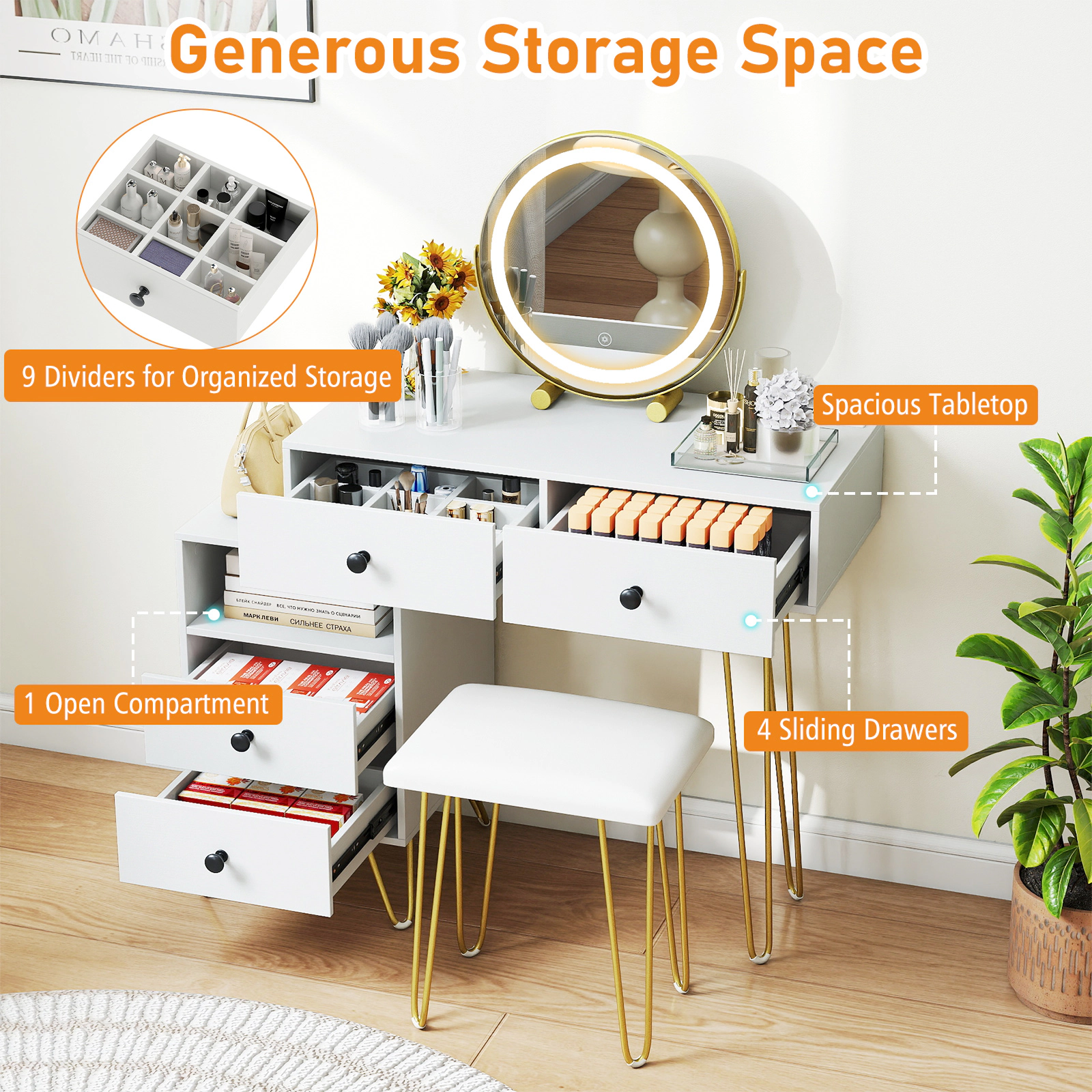 SUGIFT Off White Modern Dressing Vanity Table with Reversible Side Cabinet Jewelry Drawer and LED Mirror