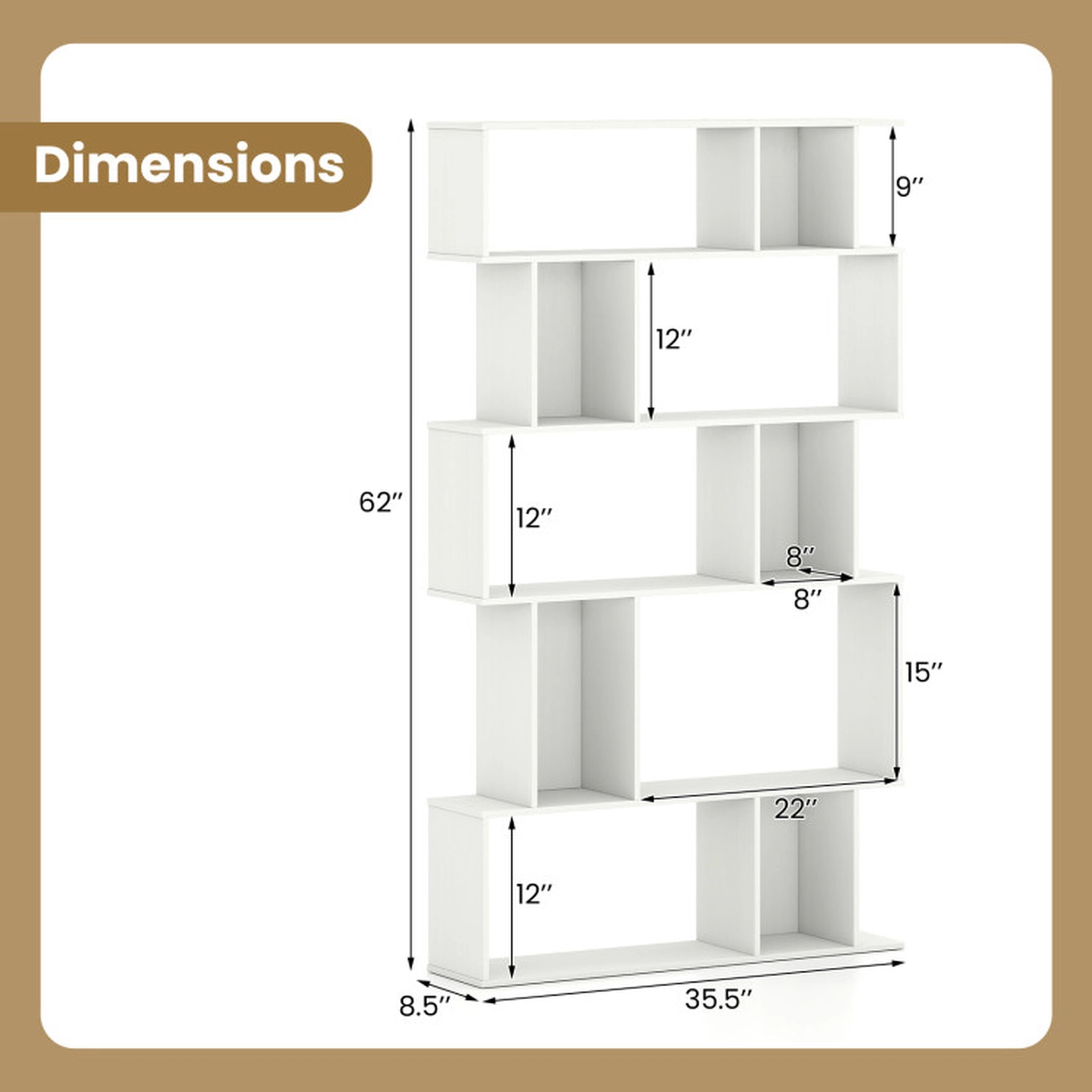 SUGIFT Set of 2 5-Tier 200-lb Capacity White 62-in Tall Geometric Bookshelf with Open and Closed Back Shelves