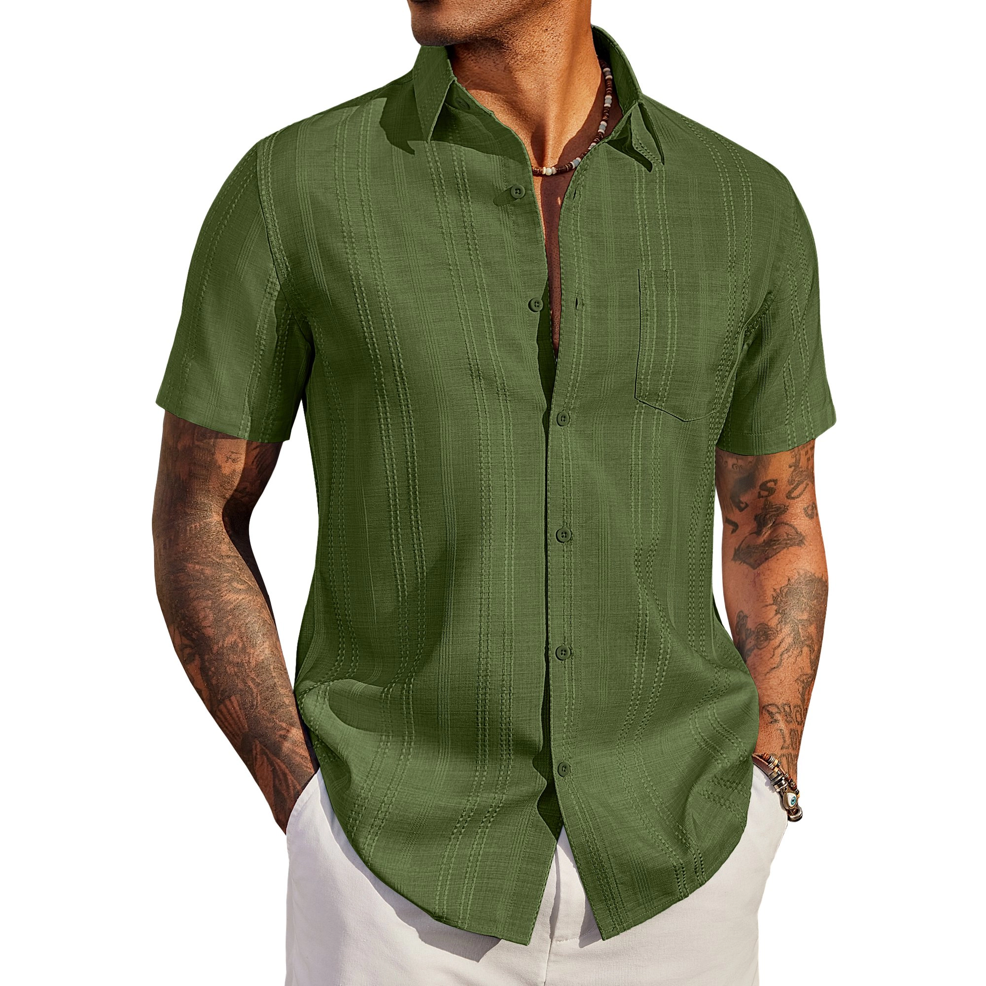 COOFANDY Mens Casual Short Sleeve Button Down Shirts Pleated Striped  Tops