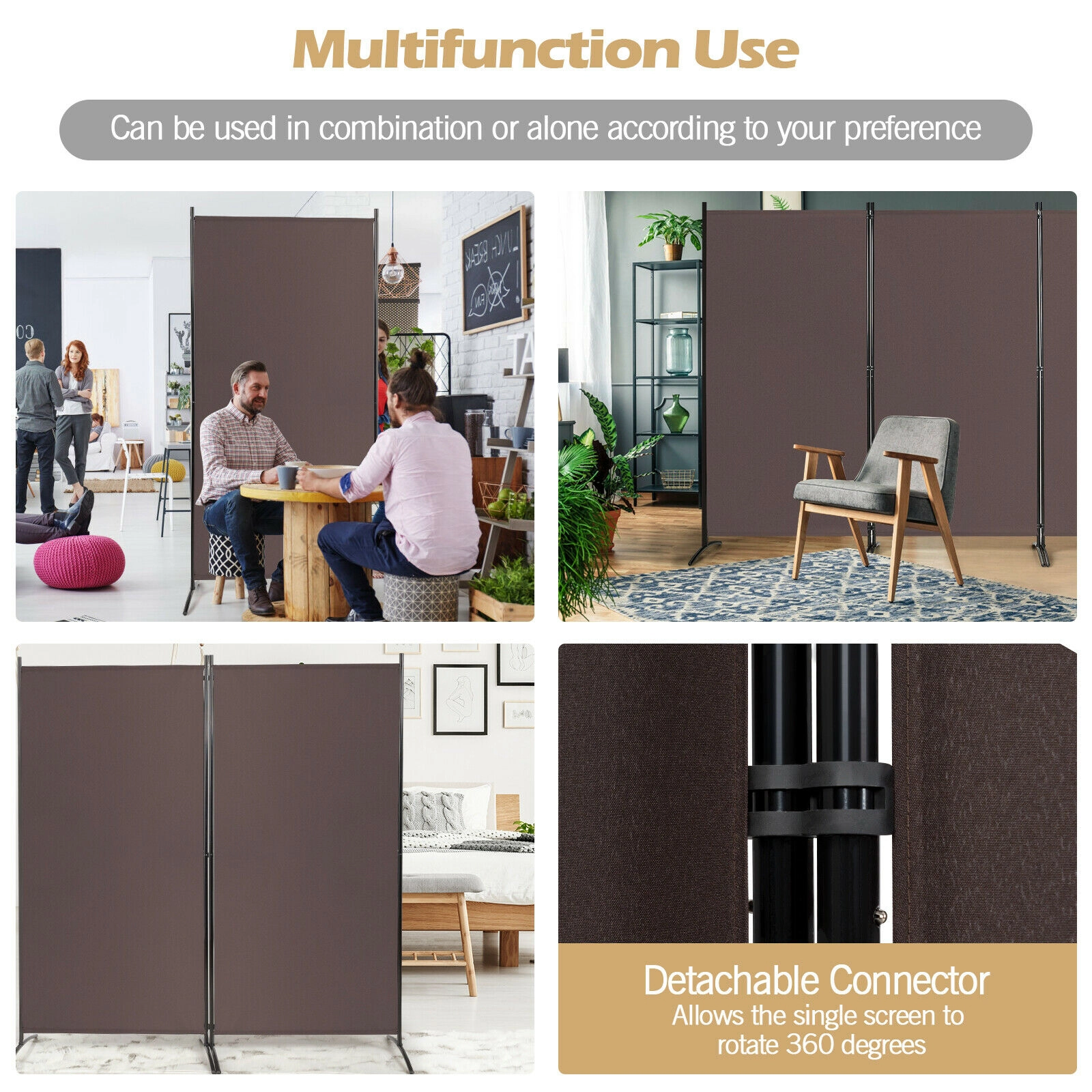 SUGIFT 3-Panel Folding Room Divider Privacy Partition Screen 72-in Tall 8.5-ft Opening Brown