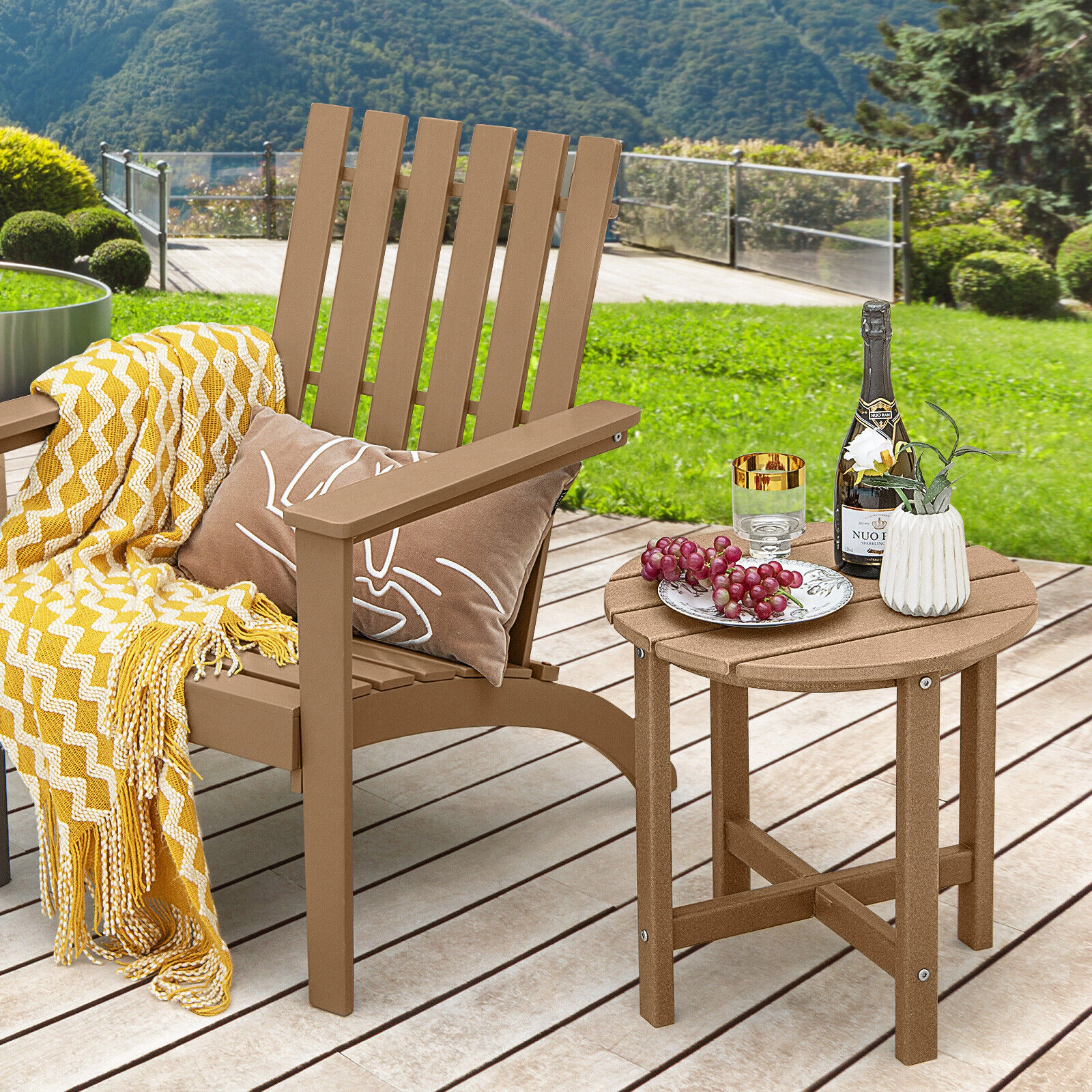 SUGIFT Brown Weather Resistant Patio 18 in Round HDPE Adirondack Side Table