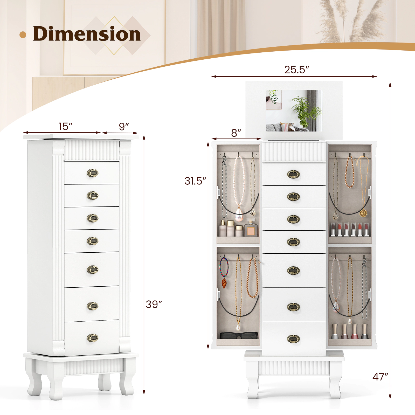 SUGIFT Free Standing Jewelry Armoire Cabinet Storage Chest with Drawers and Swing Doors 39-in Tall White
