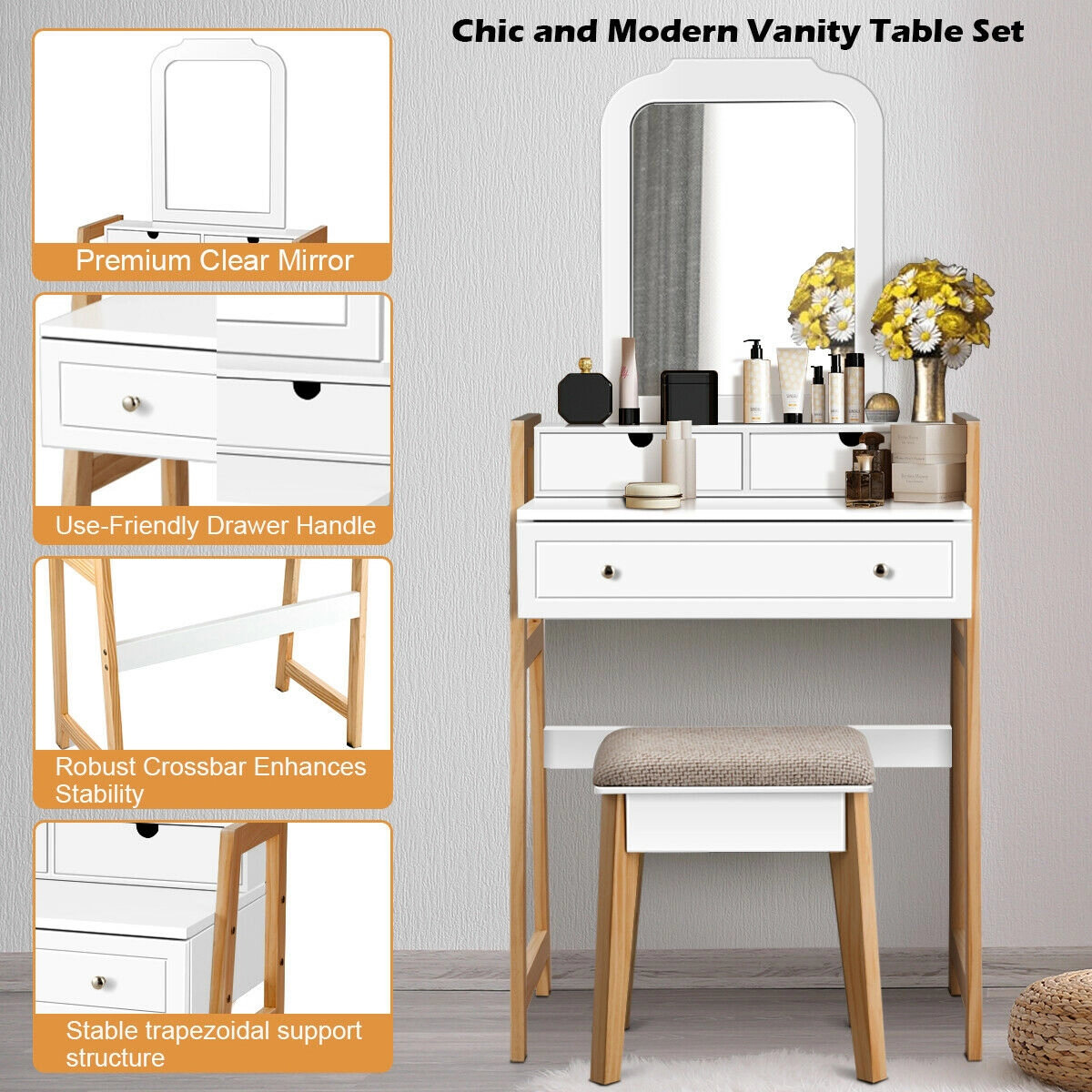 SUGIFT 286-lb Capacity White Vanity Makeup Table Set with Large Mirror 3 Drawers and Cushioned Stool