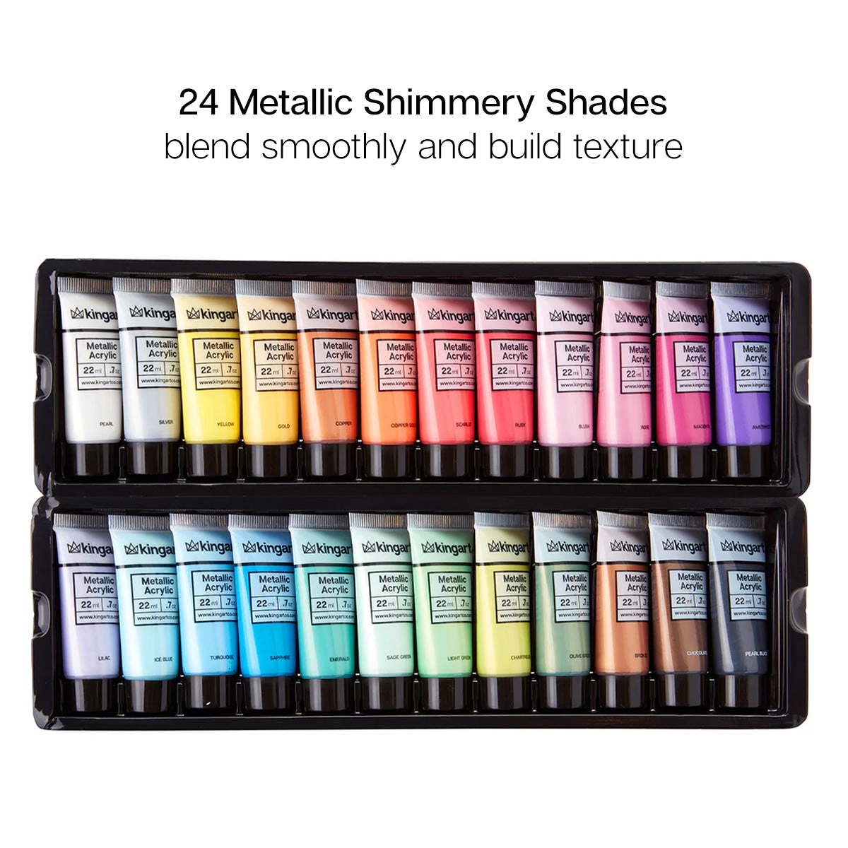 KINGART PRO Metallic Acrylic Paint Set - 24 Shimmery Colors, 22ml Tubes