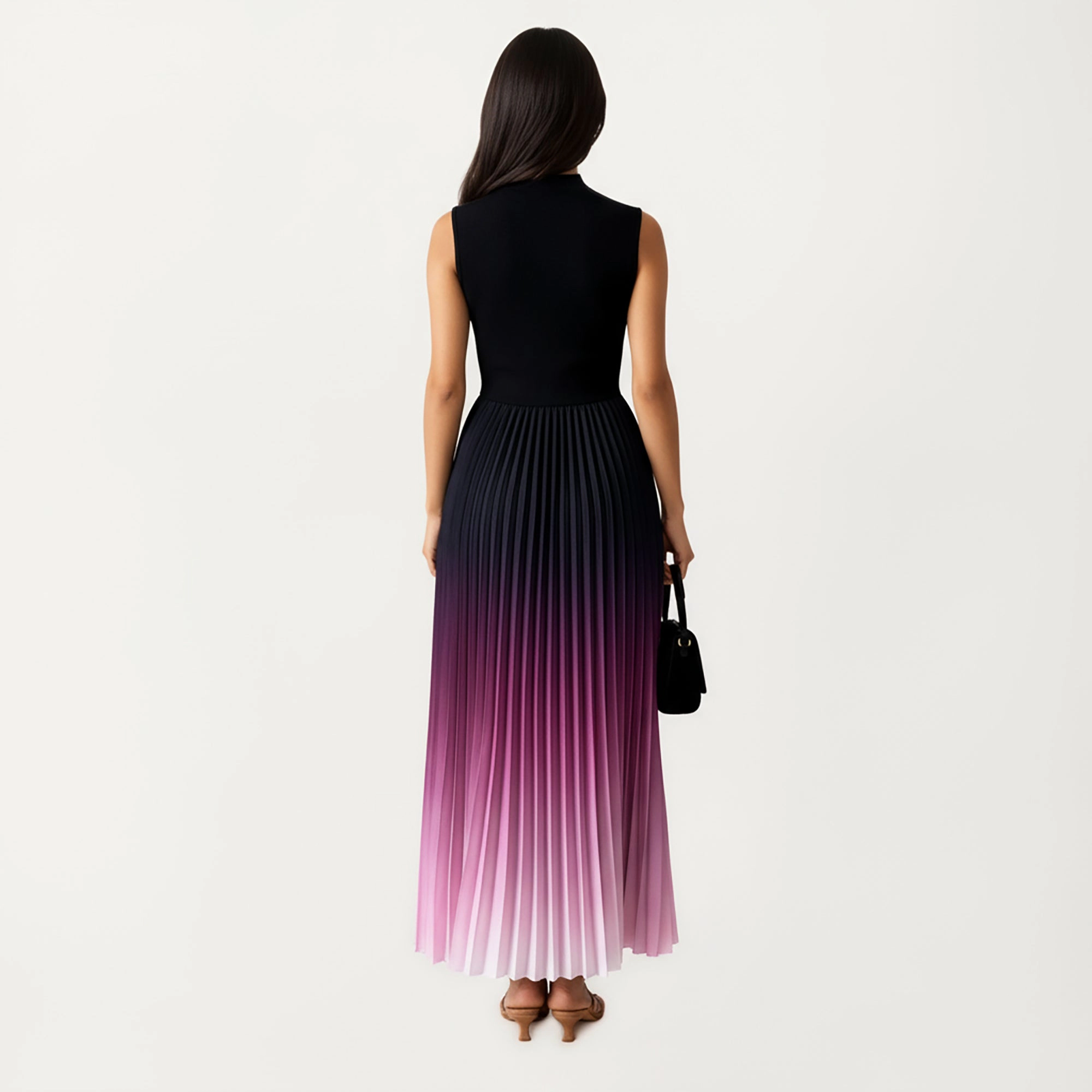 Anna-Kaci Womens Sleeveless Mock Neck Pleated Ombre Maxi Dress
